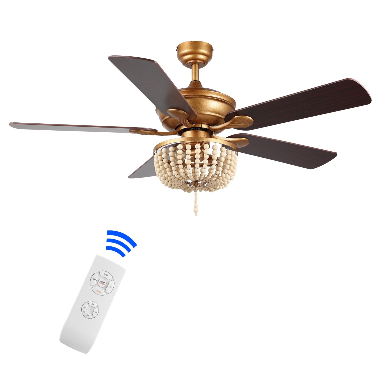 Erin Rustic Farmhouse Iron/Wood Bead Mobile Appremote Controlled LED Ceiling Fan
