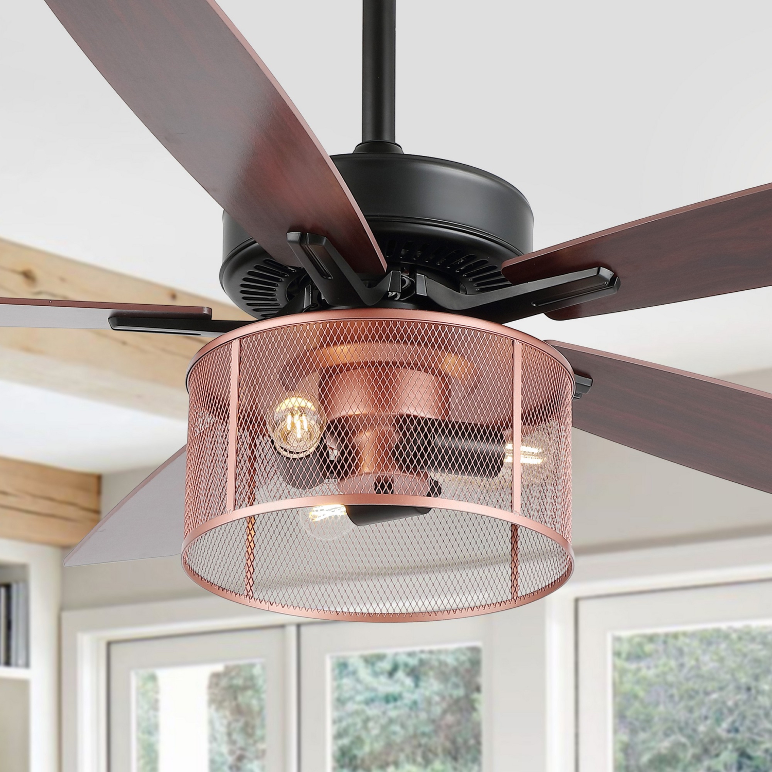 Max Farmhouse Industrial Iron/Wood Mobile Appremote Controlled LED Ceiling Fan