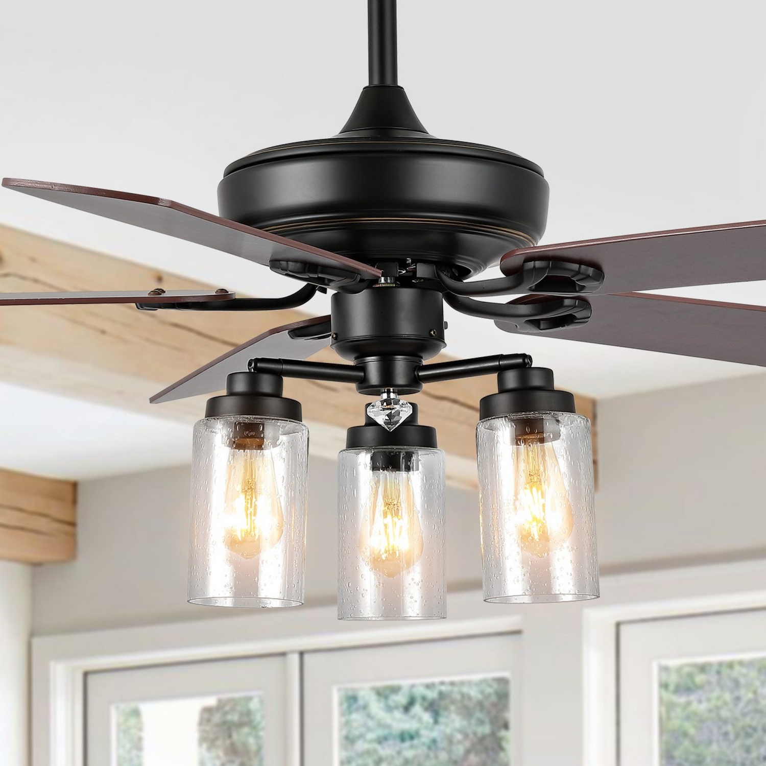 Lucas Rustic Industrial Iron/Woodseeded Glass Mobile Appremote Controlled LED Ceiling Fan