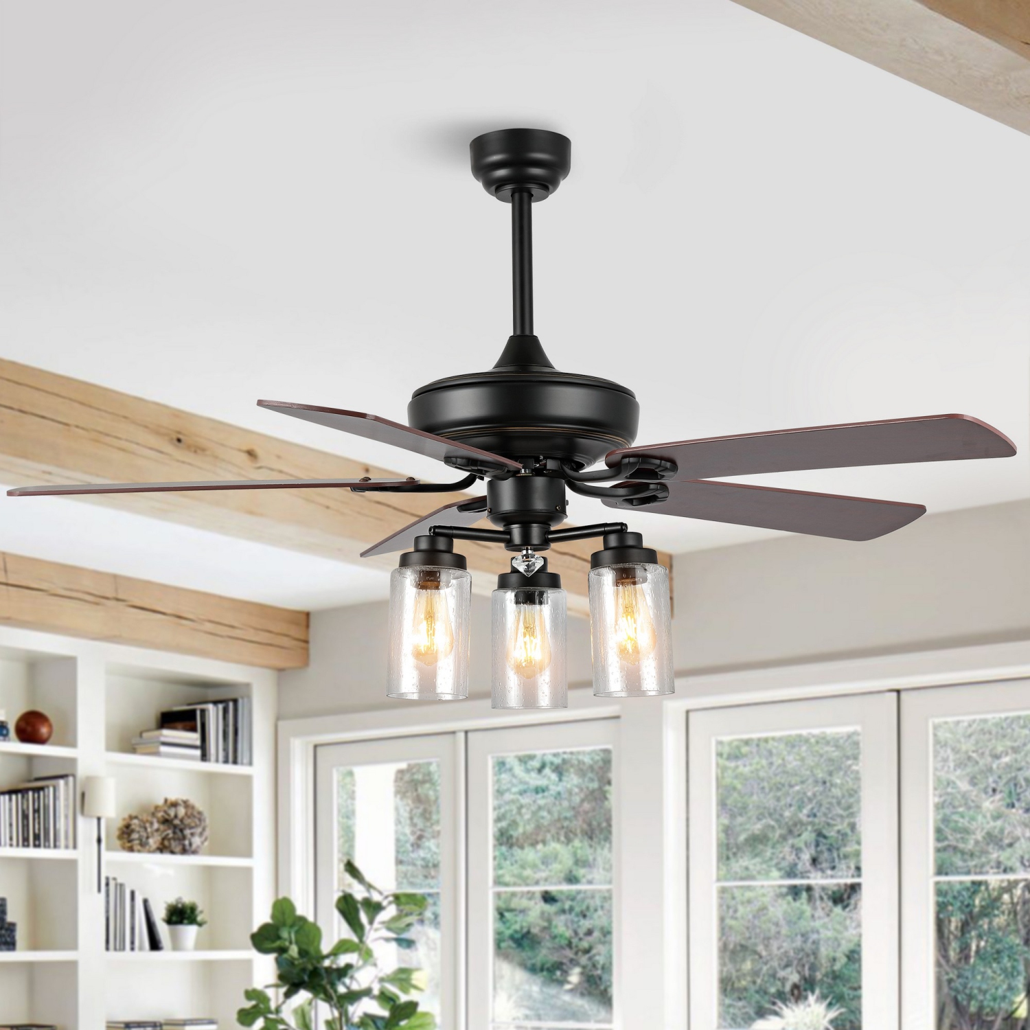 Lucas Rustic Industrial Iron/Woodseeded Glass Mobile Appremote Controlled LED Ceiling Fan
