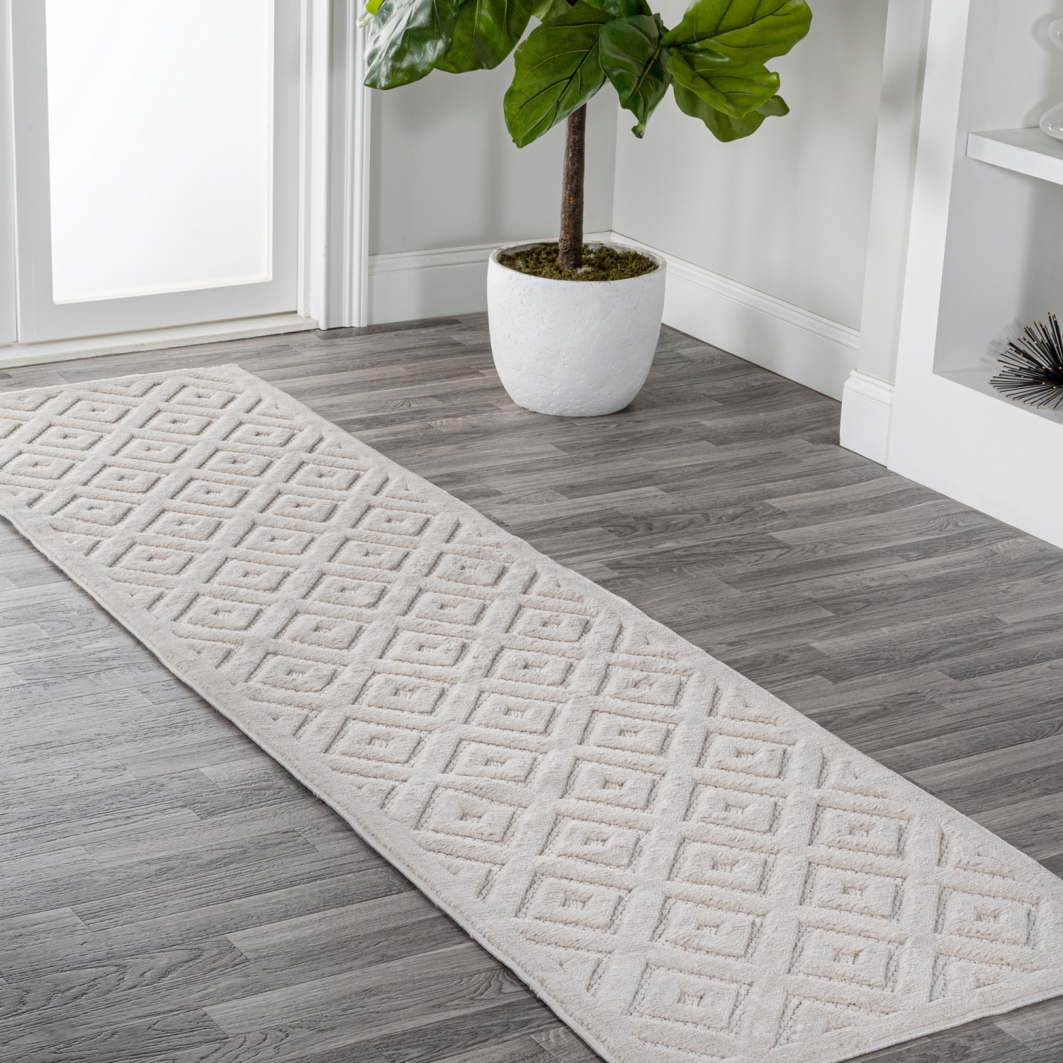 Tapis d'intérieur/d'extérieur en treillis à losanges neutre Portmany