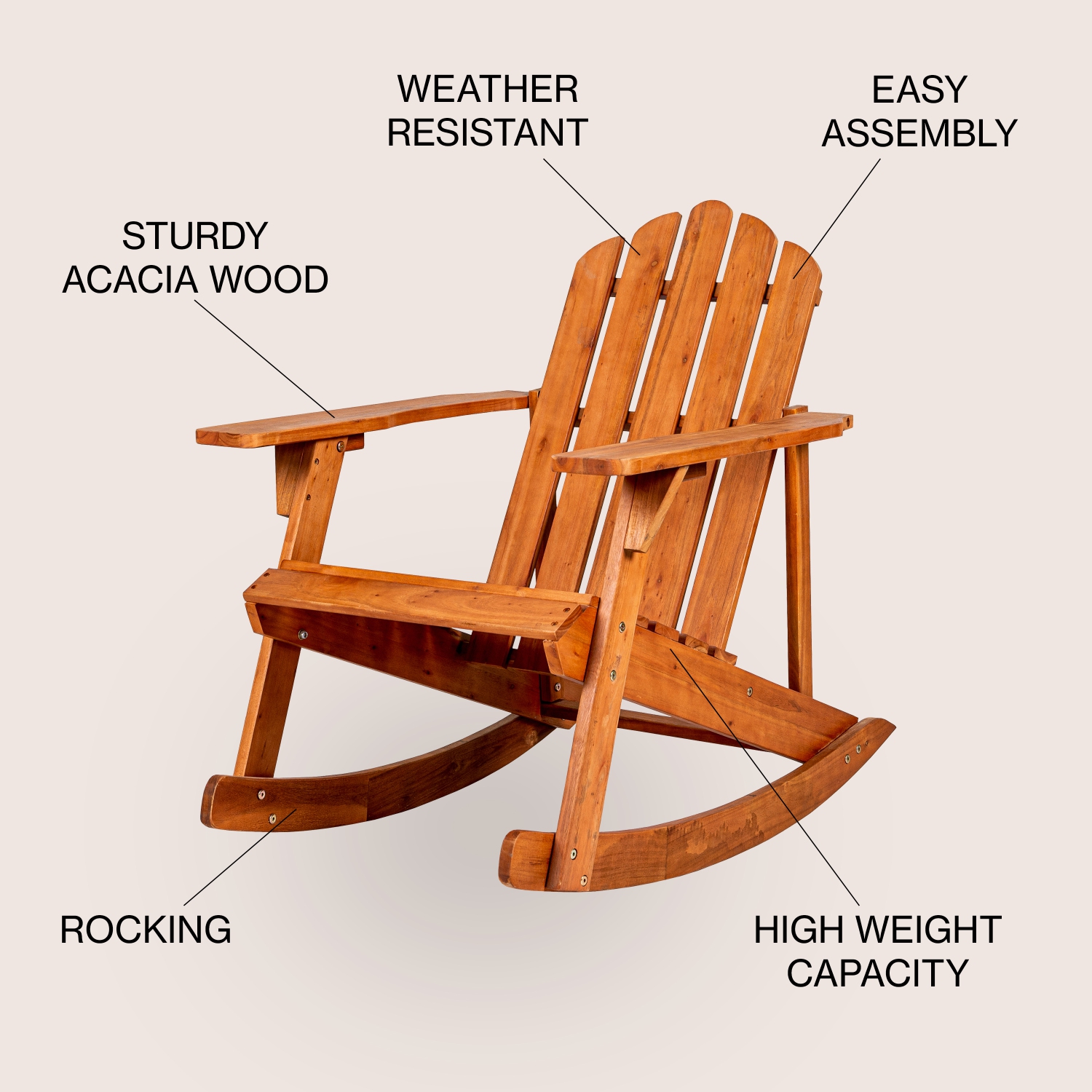 Kiawah Outdoor Patio Classic Acacia Adirondack Rocking Chair