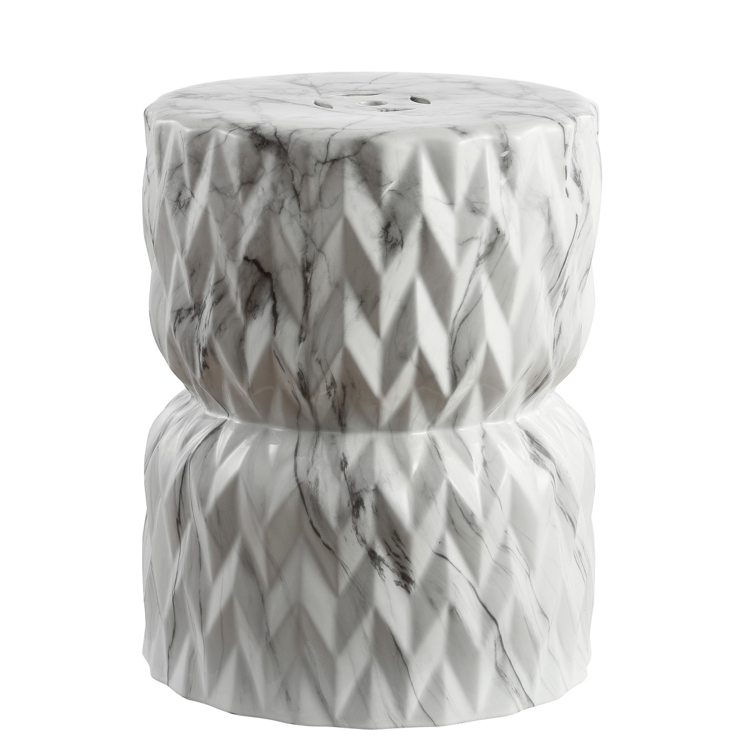 Chevron Drum White Marble Finish Ceramic Garden Stool