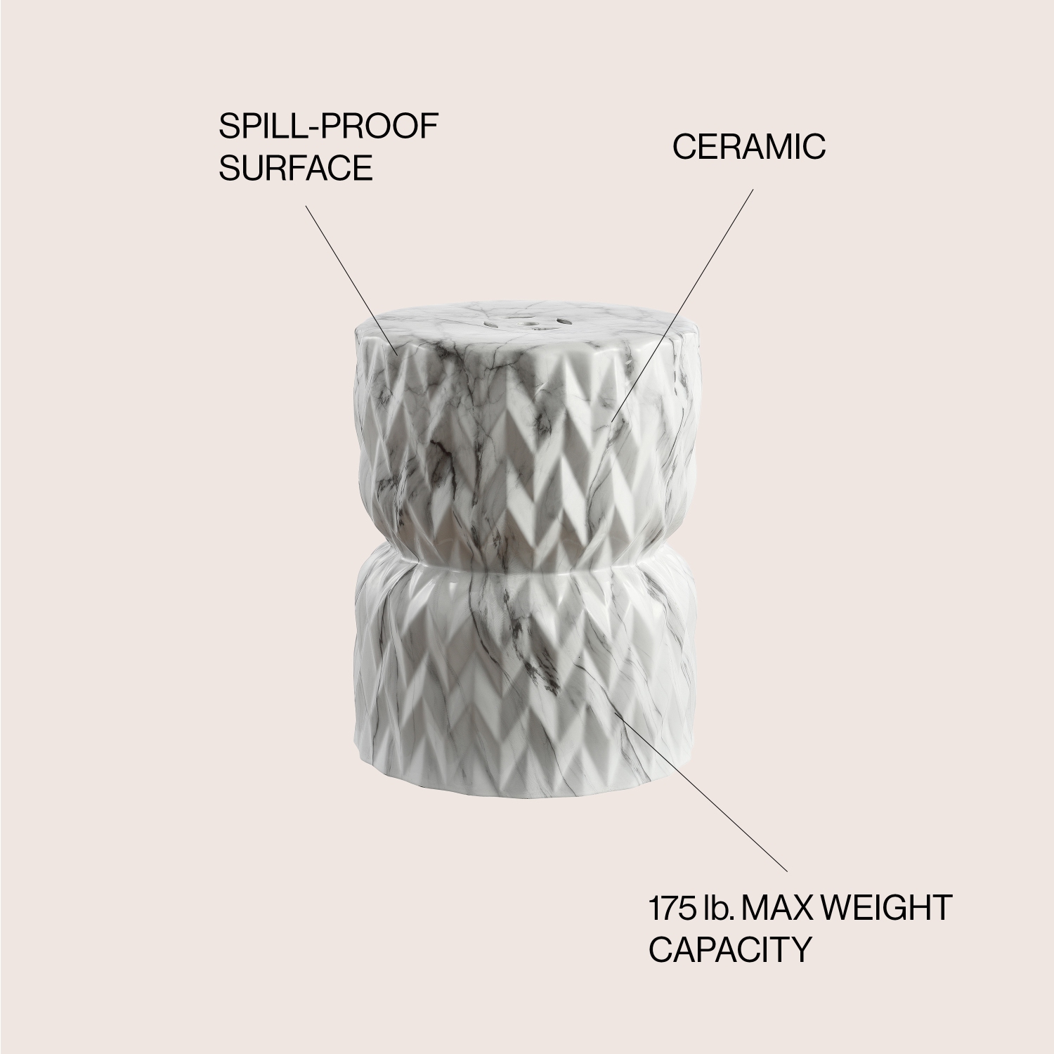 Chevron Drum White Marble Finish Ceramic Garden Stool