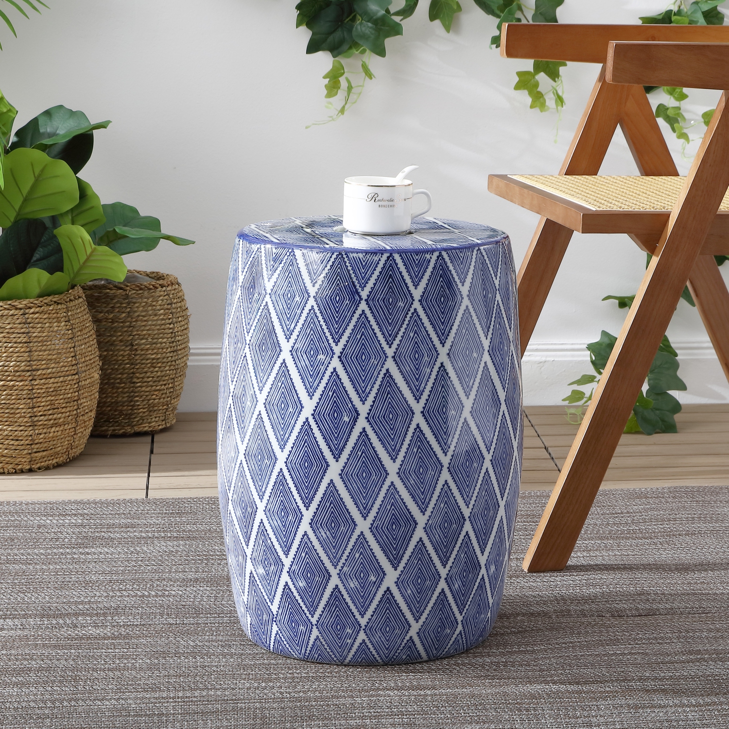 Moroccan Diamonds Ceramic Drum Garden Stool