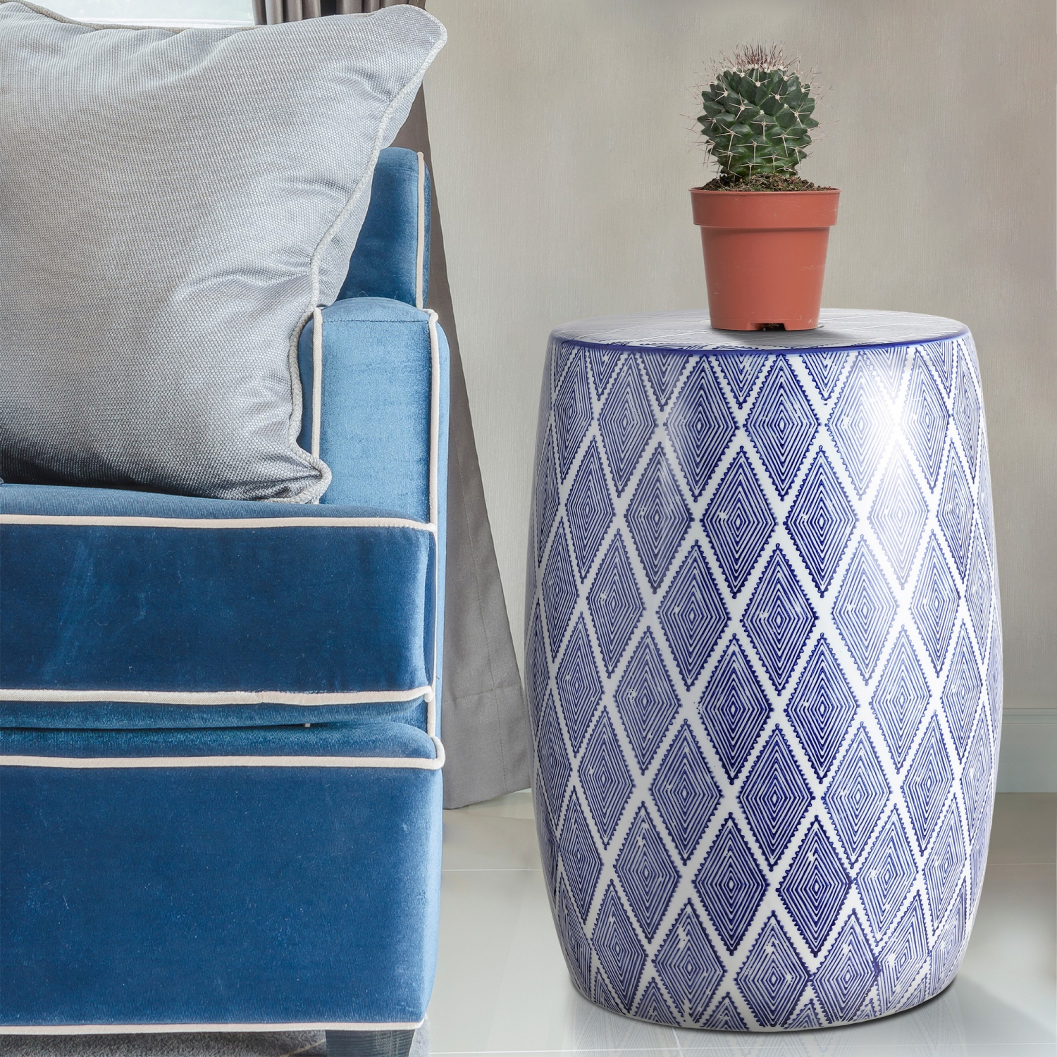 Moroccan Diamonds Ceramic Drum Garden Stool