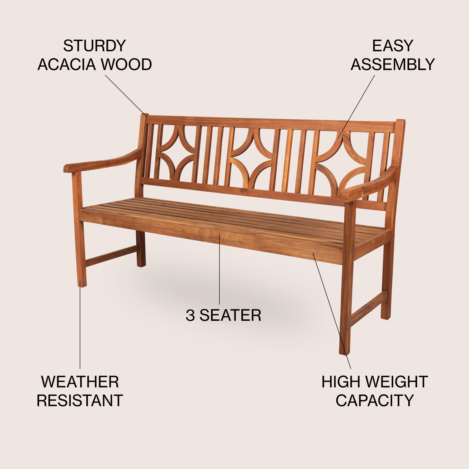 Sloane Ogee Diamond Back Acacia Wood Outdoor Garden Patio Bench