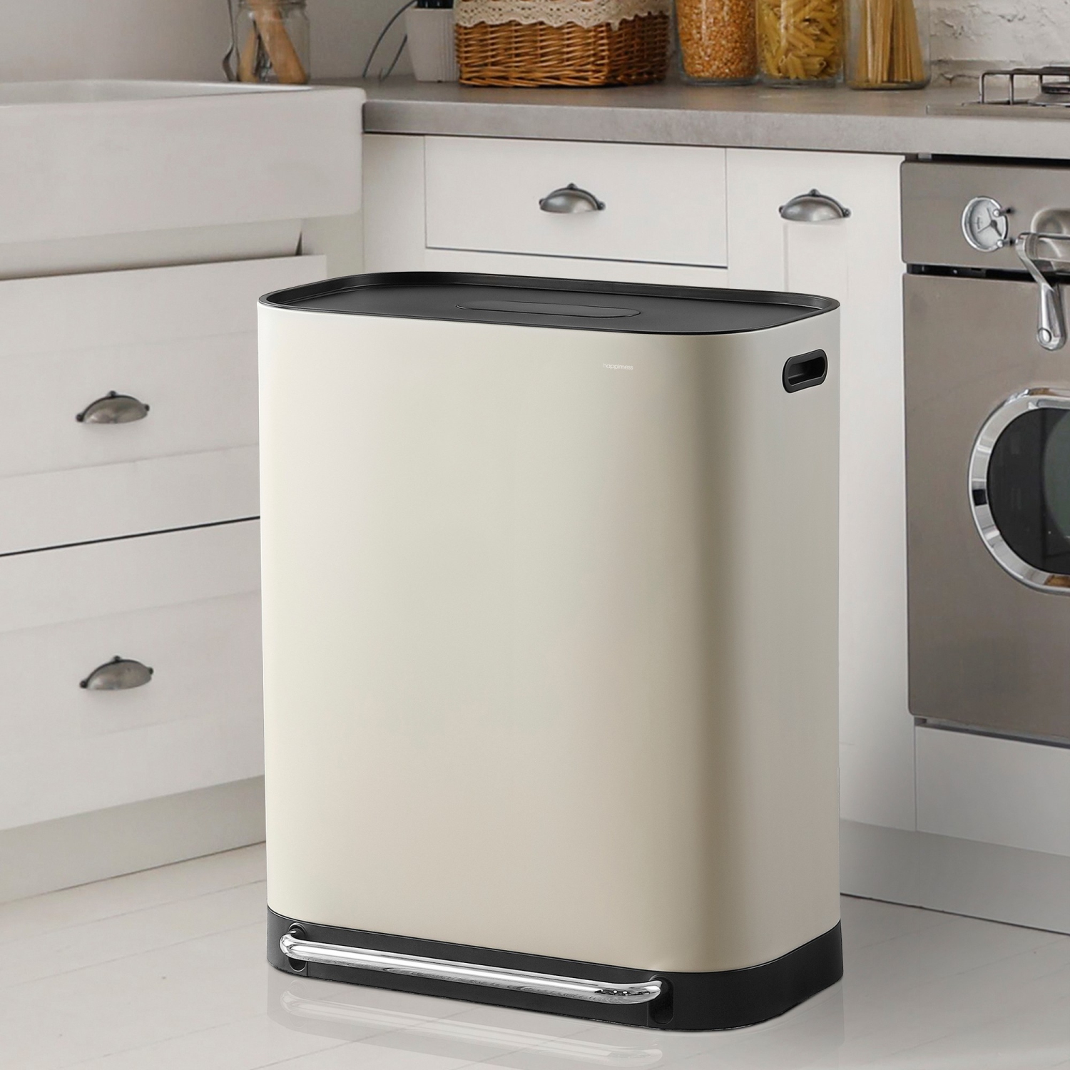 Beni Kitchen Trash/Recycling Double-Bucket Step-Open Trash Can with Liners