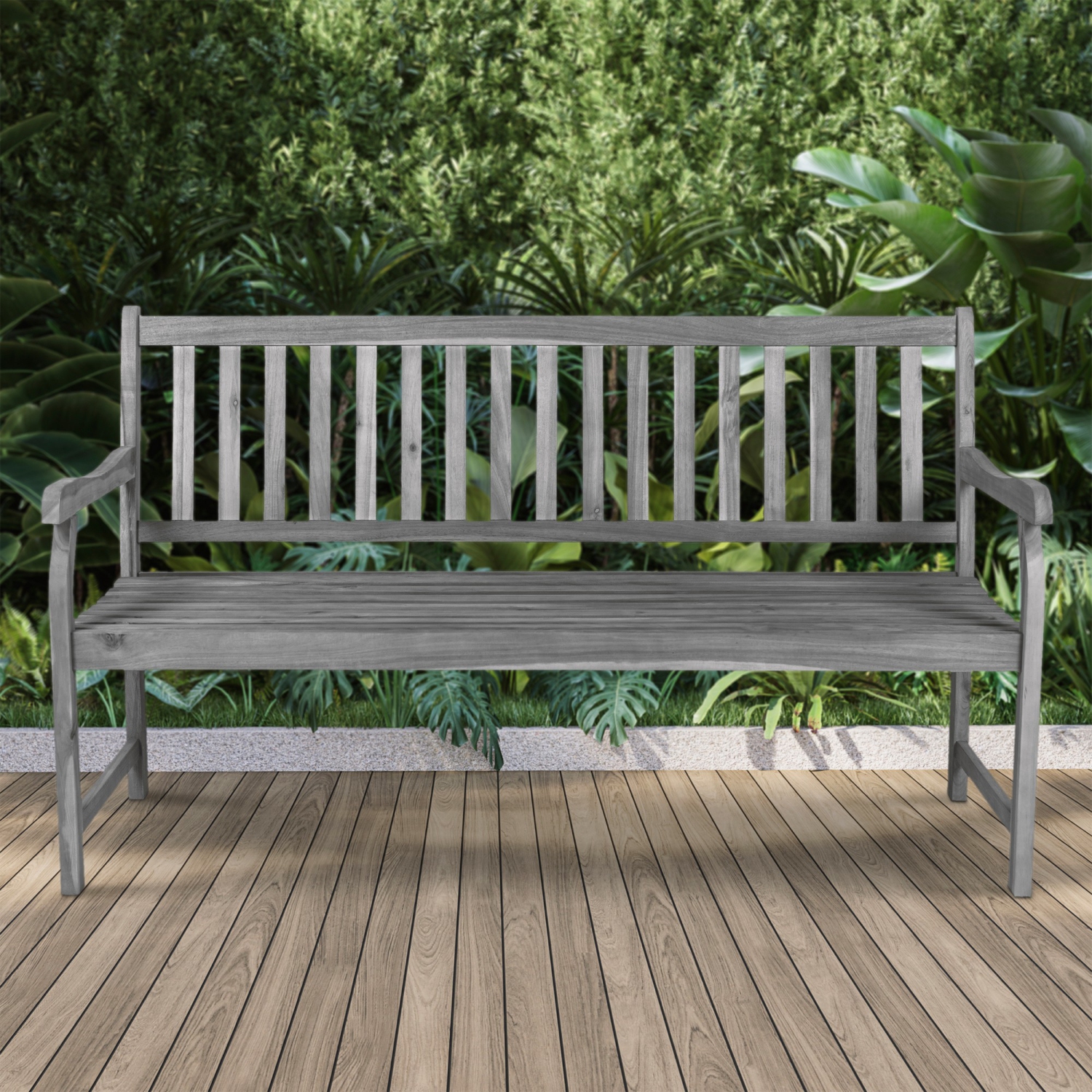 Banc de jardin d'extérieur en bois d'acacia à dossier à lattes de Laurel