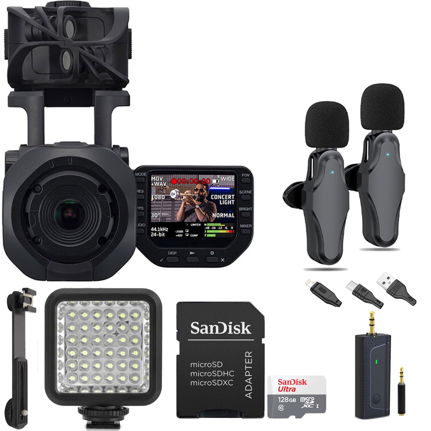 Enregistreur vidéo 4K Q8n-4K de Zoom + ensemble audio professionnel 4 pistes + microphone + lampe photo et vidéo DEL 36 avec support + carte mémoire