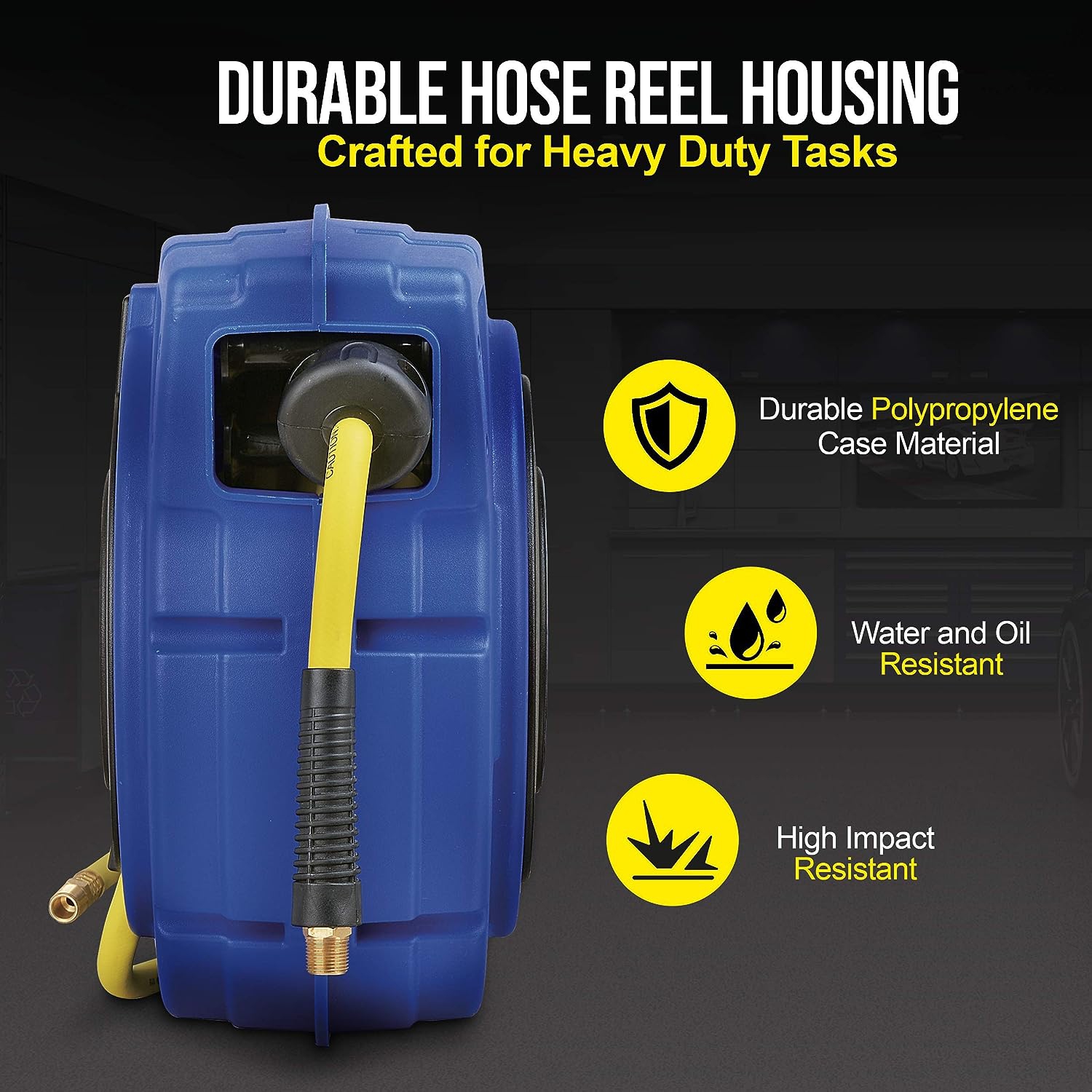 Goodyear Enclosed Retractable Air Compressor Hose Reel with 9.5mm x 15.2m  Hybrid Polymer Hose