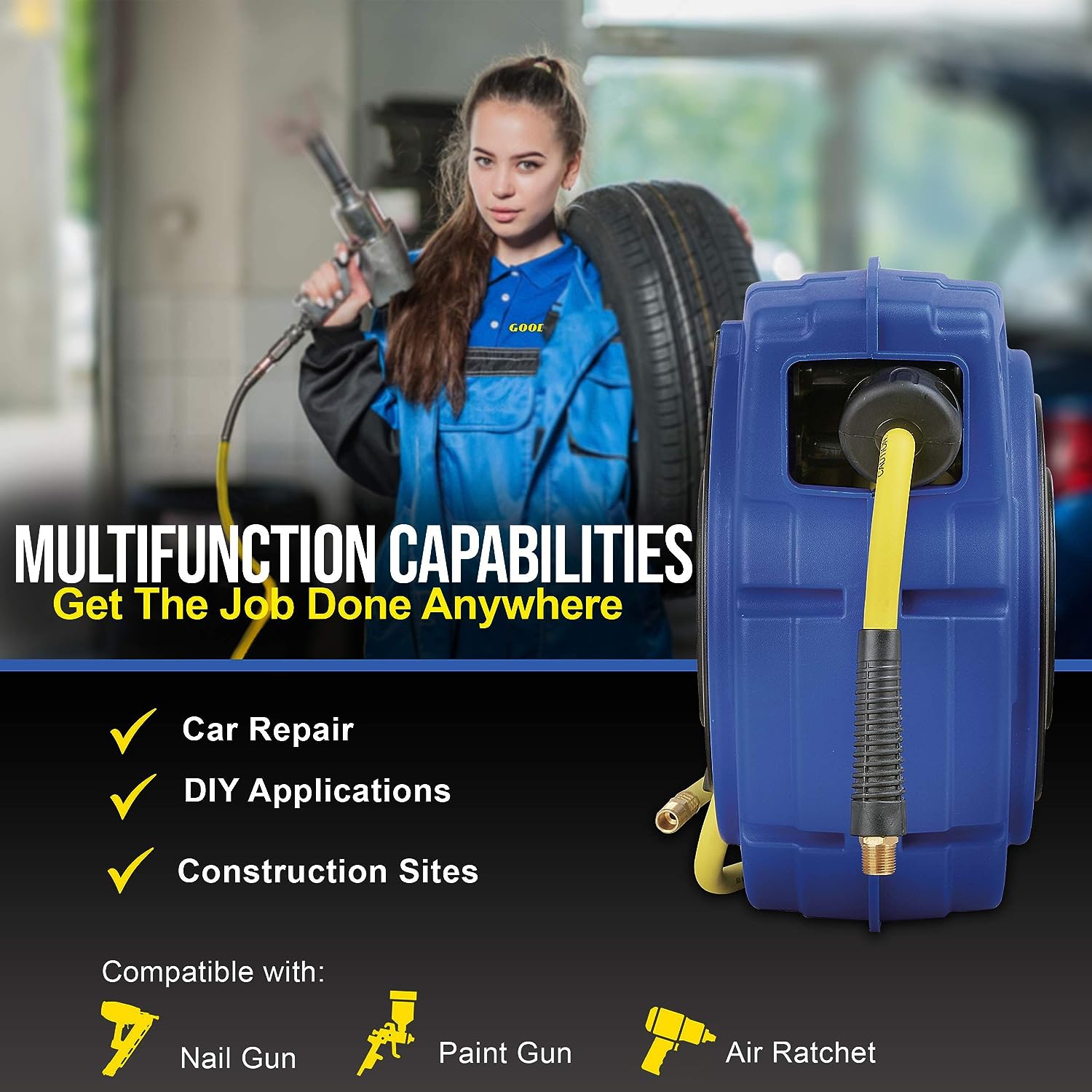 Goodyear Enclosed Retractable Air Compressor Hose Reel with 9.5mm x 15.2m Hybrid Polymer Hose