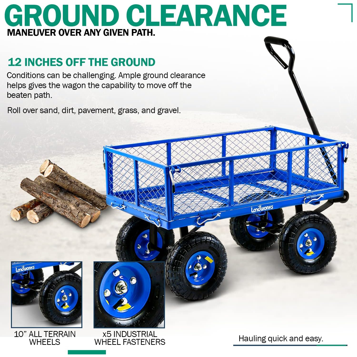 Landworks All-Terrain Lawn & Garden Utility Cart/Beach Wagon with Heavy Duty Removable Side Meshes - 181.4 kg Capacity, Blue