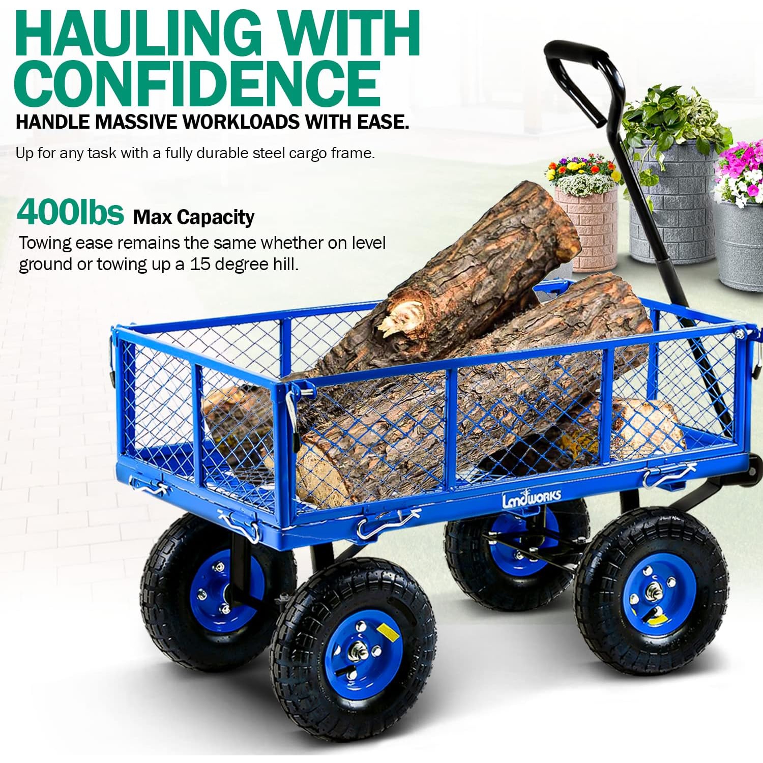 Landworks All-Terrain Lawn & Garden Utility Cart/Beach Wagon with Heavy Duty Removable Side Meshes - 181.4 kg Capacity, Blue
