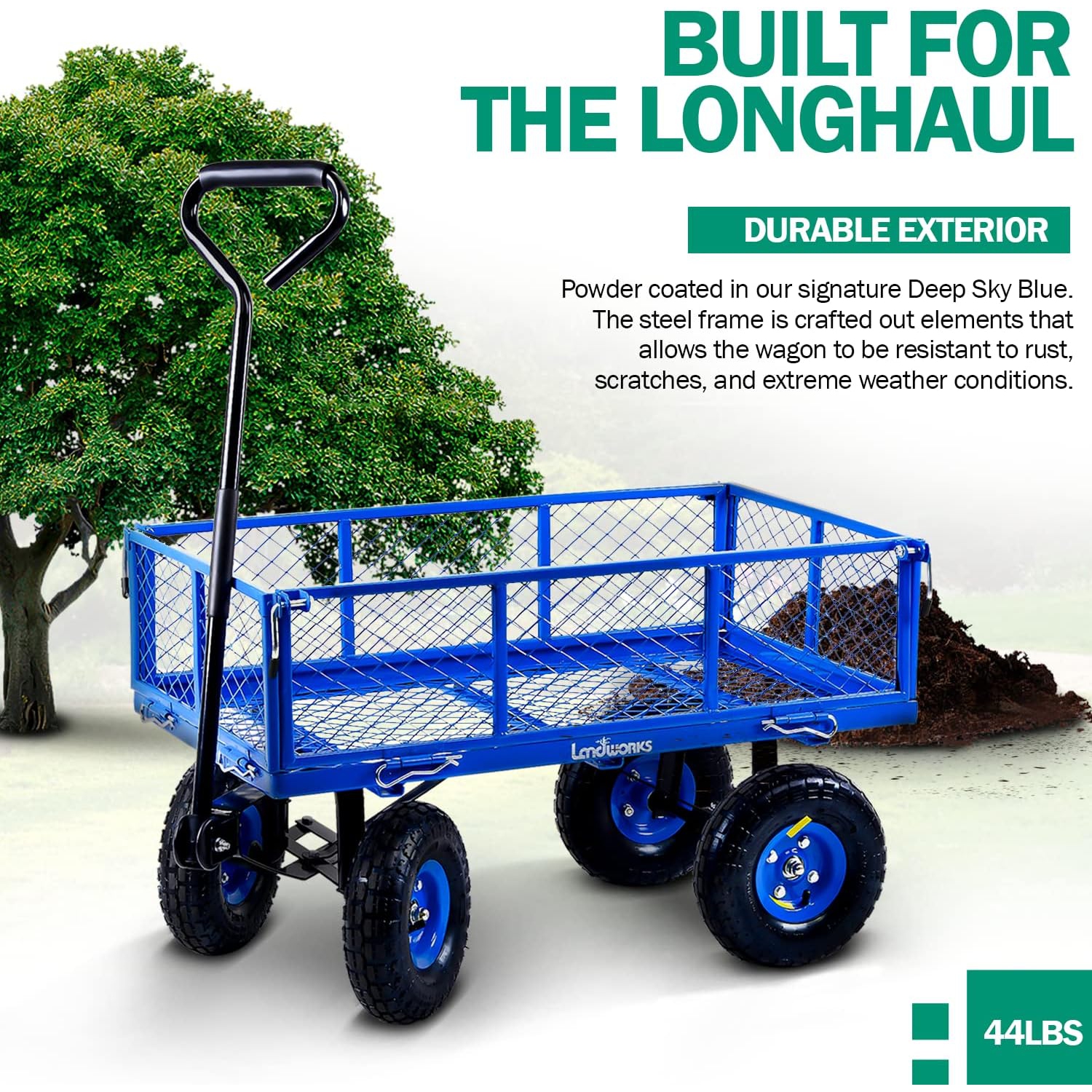 Landworks All-Terrain Lawn & Garden Utility Cart/Beach Wagon with Heavy Duty Removable Side Meshes - 181.4 kg Capacity, Blue