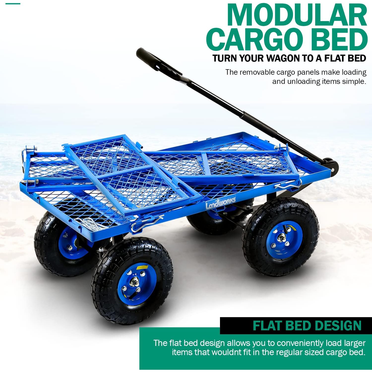 Landworks All-Terrain Lawn & Garden Utility Cart/Beach Wagon with Heavy Duty Removable Side Meshes - 181.4 kg Capacity, Blue
