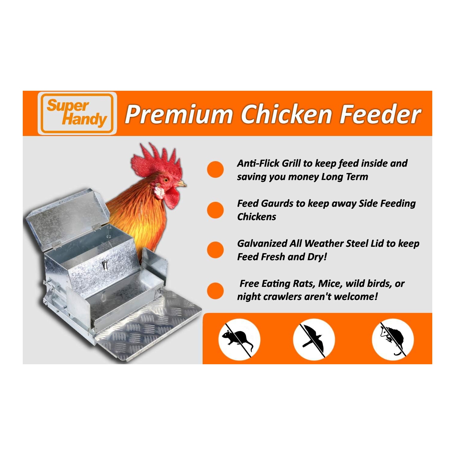 SuperHandy Automatic Chicken Feeder: 9kg Capacity, 6-12 Poultry/Fowl, Up to 10 Days, Spill-Proof Galvanized Steel, Bird Prevention, Suitable for