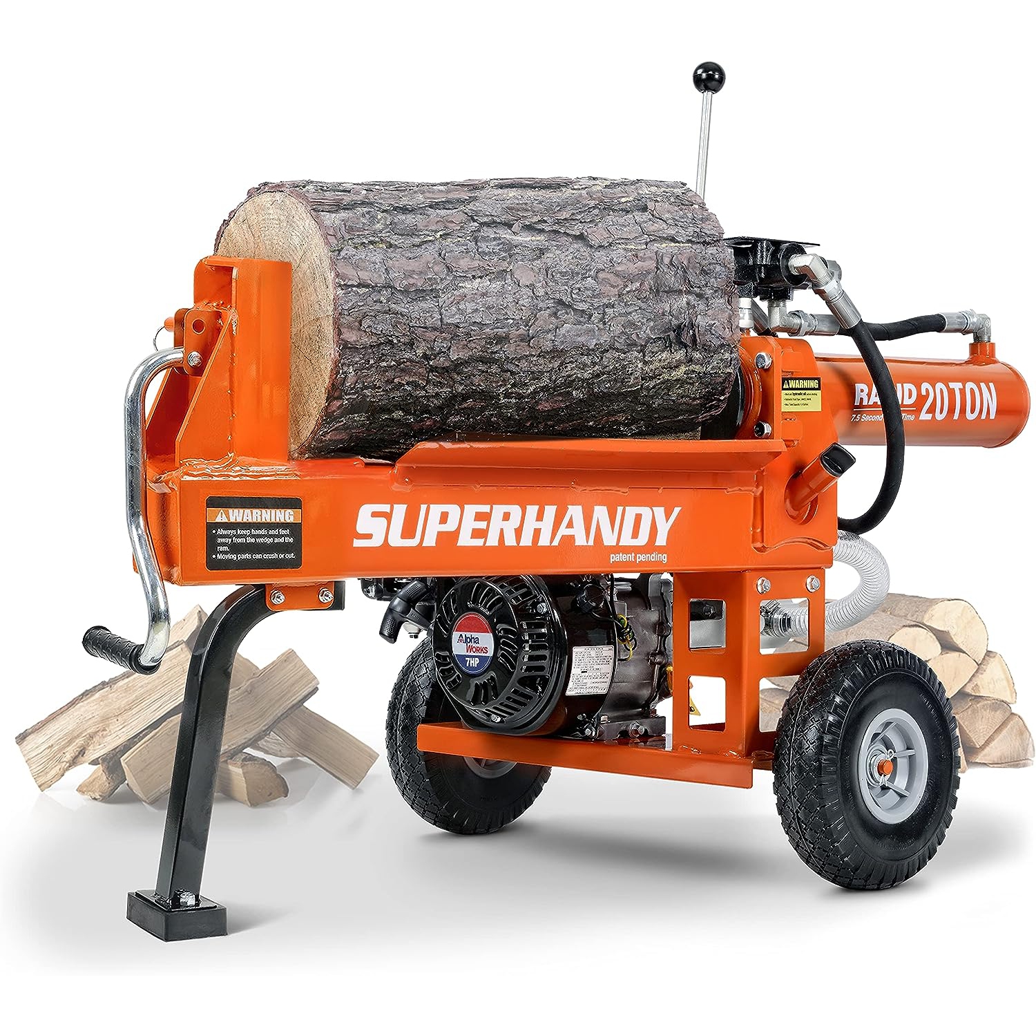 SuperHandy Portable Gas Log Splitter: 20 Ton, Auto Return Ram, Bucher Gear Pump, 7HP Engine, Horizontal Steel Wedge. Ideal for Firewood & Forestry.