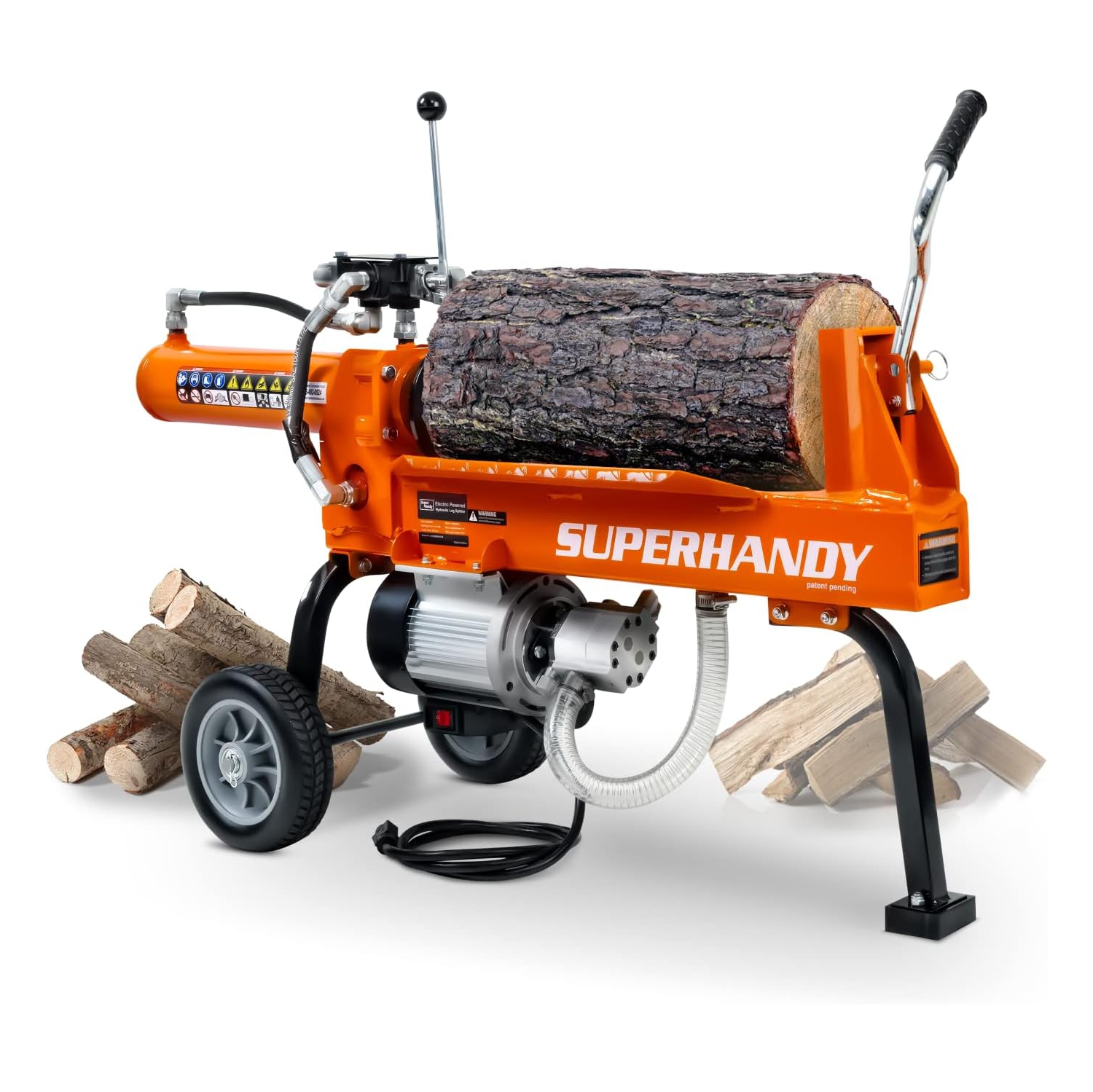 SuperHandy Portable Electric Log Splitter: 14 Ton, Auto Return Hydraulic Ram, Bucher Gear Pump, 2.5eHP Motor, Horizontal Steel Wedge. Ideal for Firewood and Forestry.