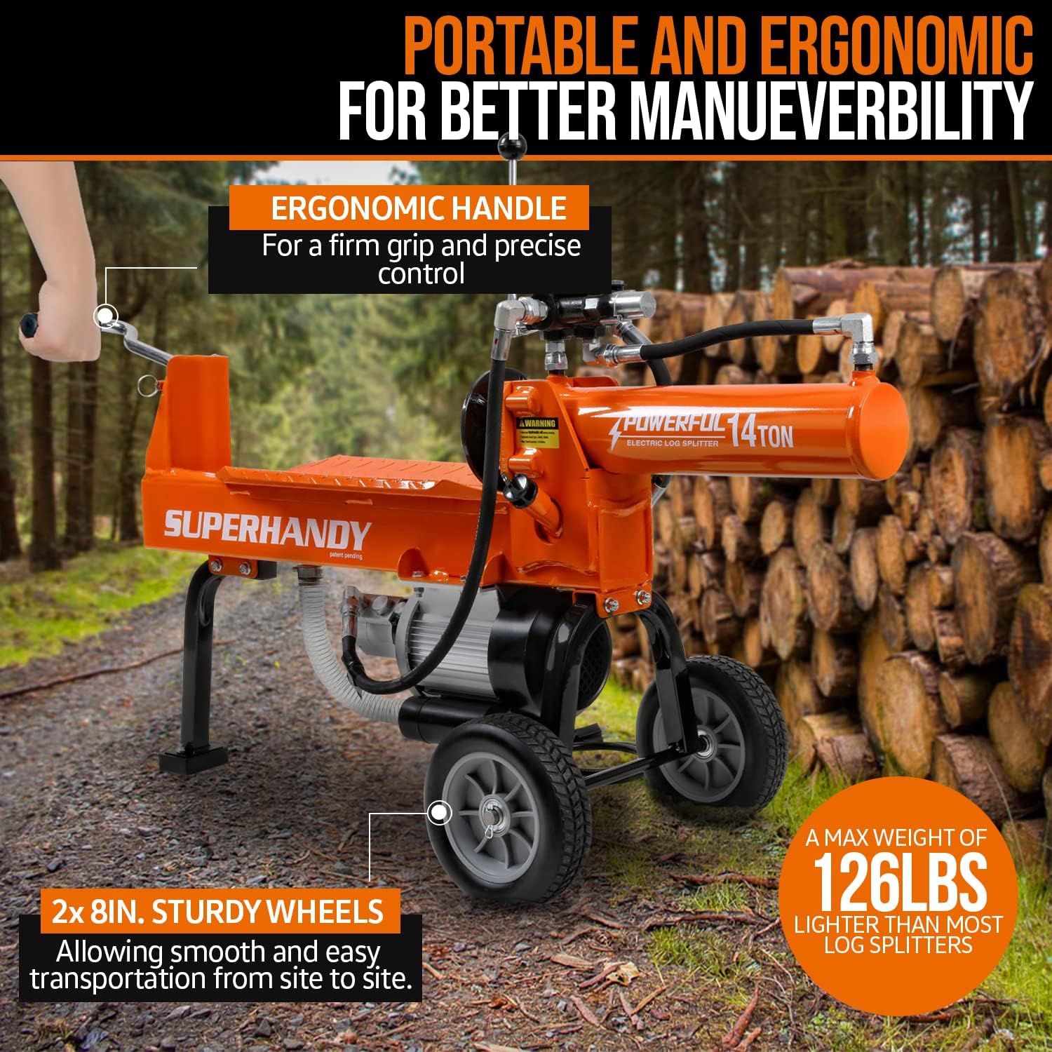 SuperHandy Portable Electric Log Splitter: 14 Ton, Auto Return Hydraulic Ram, Bucher Gear Pump, 2.5eHP Motor, Horizontal Steel Wedge. Ideal for