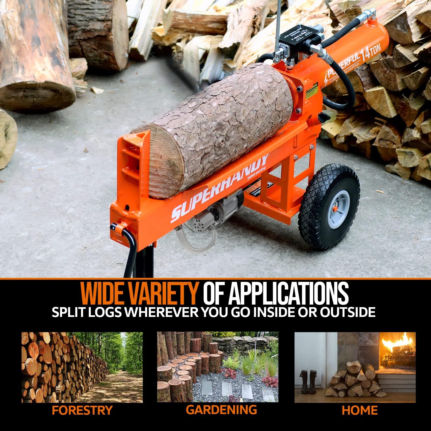 SuperHandy Portable Electric Log Splitter: 14 Ton, Auto Return Hydraulic Ram, Bucher Gear Pump, 2.5eHP Motor, Horizontal Steel Wedge. Ideal for