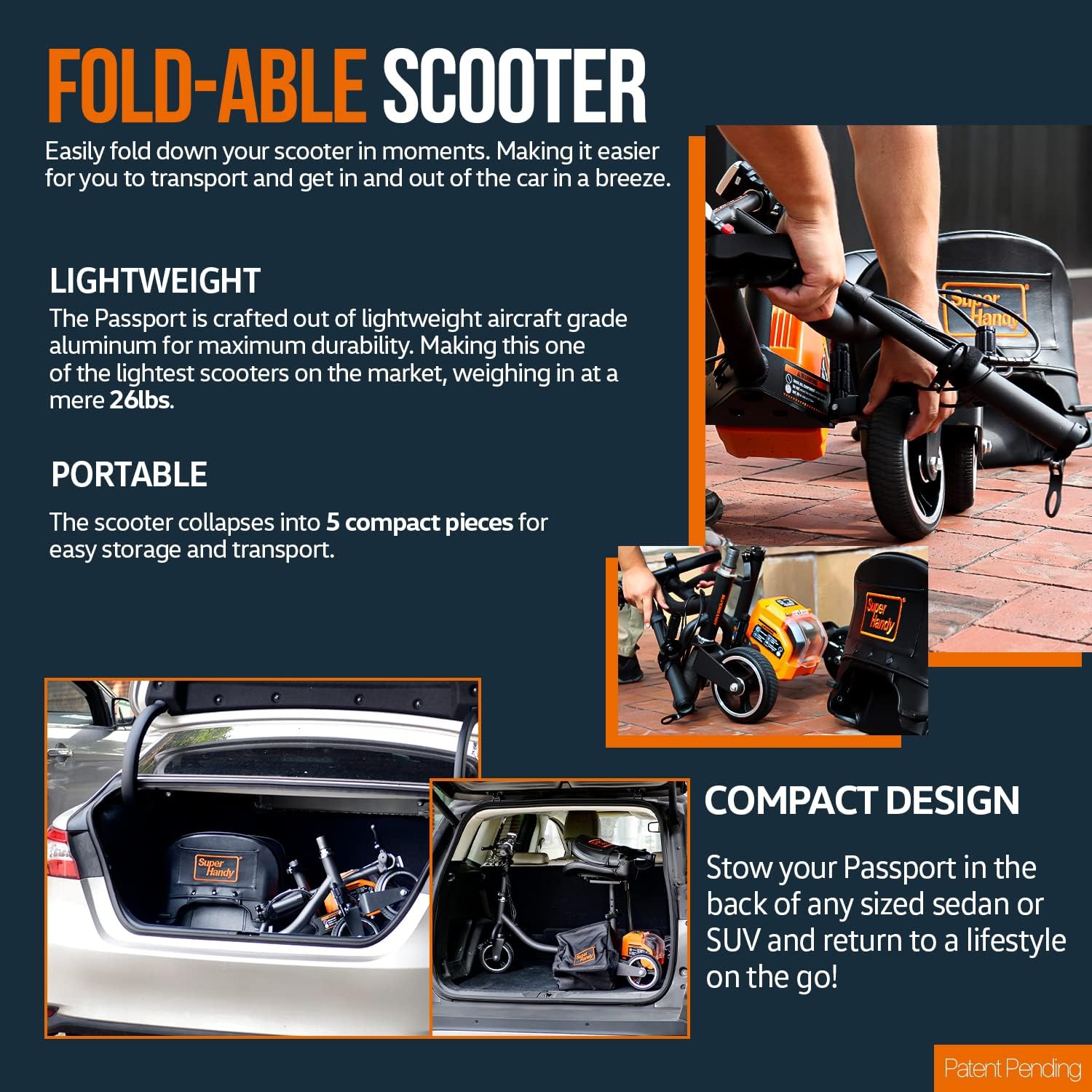 SuperHandy Folding Mobility Scooter - Electric Powered, Lightest Available, Airline Friendly, Long Range Travel with 2 Detachable 48V Lithium-Ion