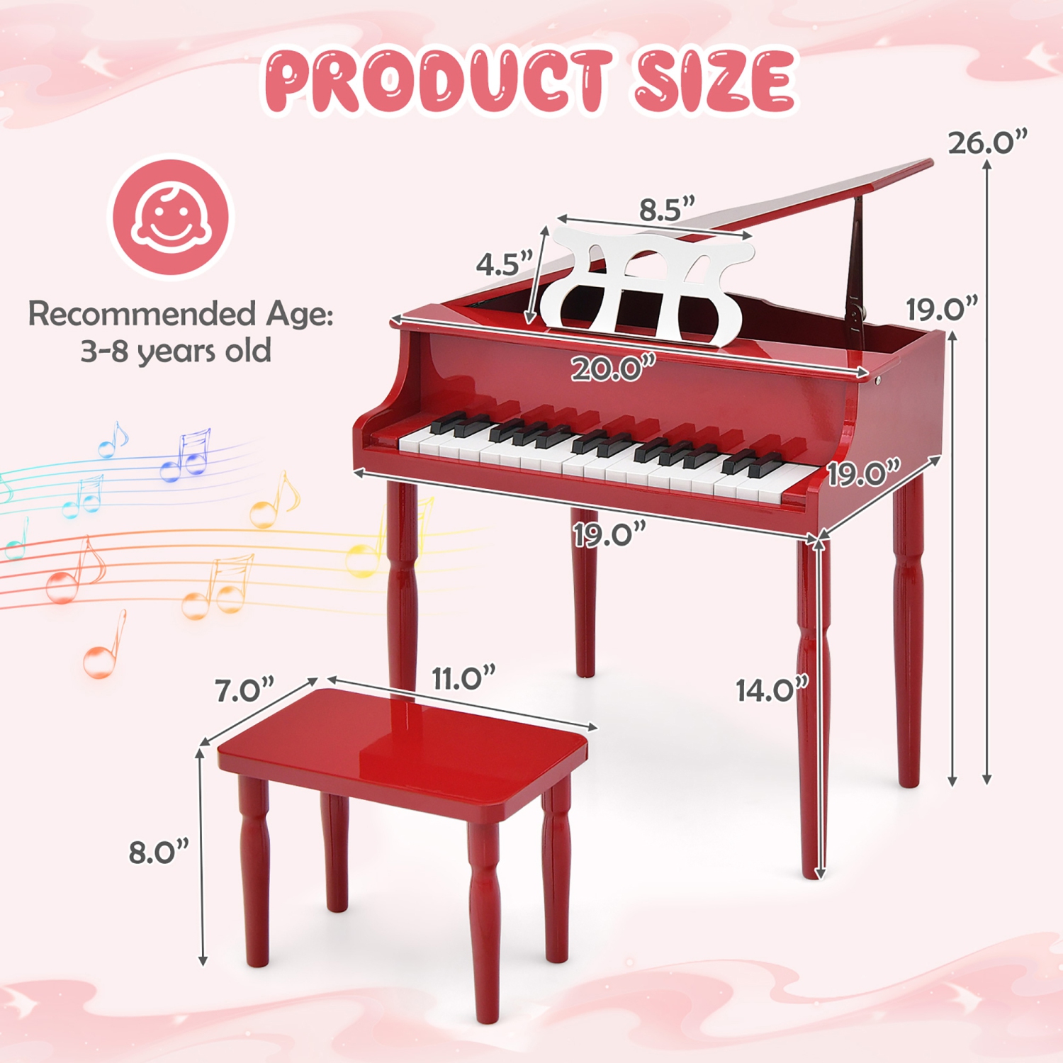 Gymax 30-Key Classic Baby Grand Piano Toddler Toy Wood w/ Bench & Music Rack Red