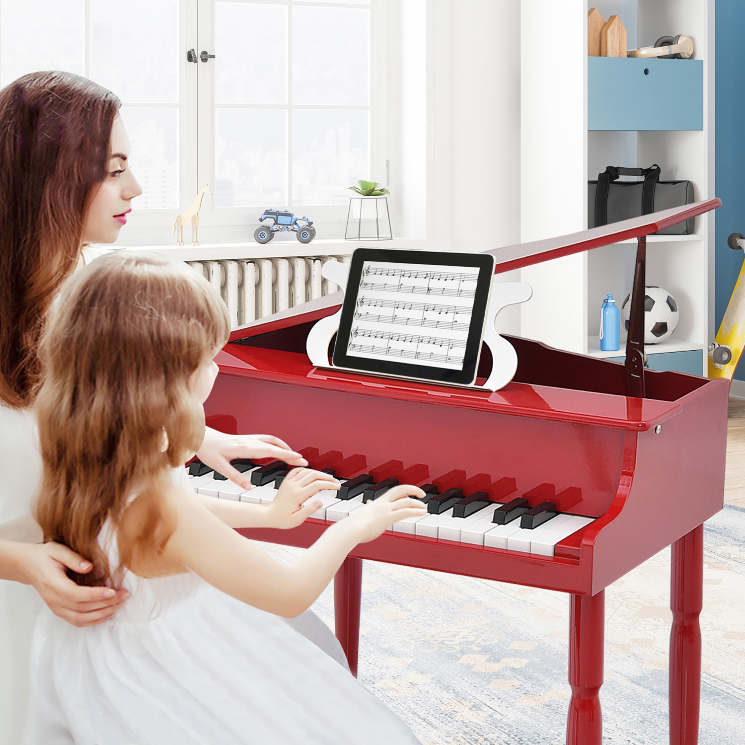 Gymax 30-Key Classic Baby Grand Piano Toddler Toy Wood w/ Bench & Music Rack Red