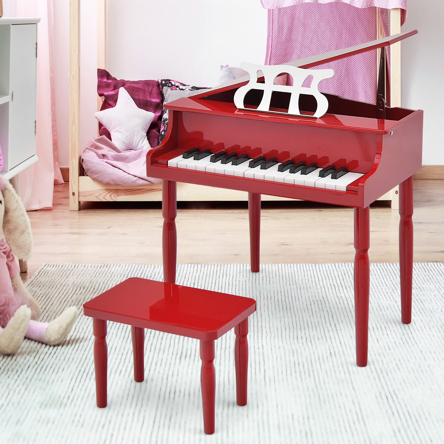 Gymax 30-Key Classic Baby Grand Piano Toddler Toy Wood w/ Bench & Music Rack Red