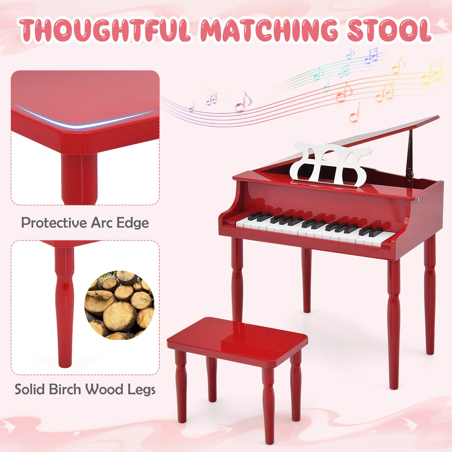 Gymax 30-Key Classic Baby Grand Piano Toddler Toy Wood w/ Bench & Music Rack Red