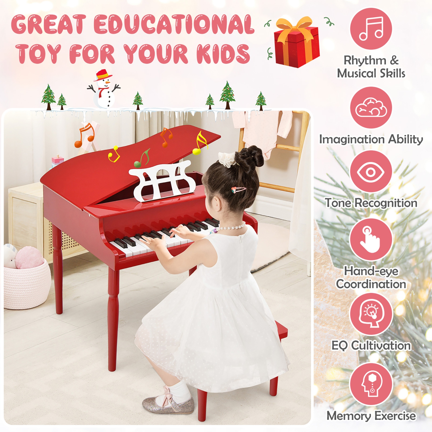 Gymax 30-Key Classic Baby Grand Piano Toddler Toy Wood w/ Bench & Music Rack Red