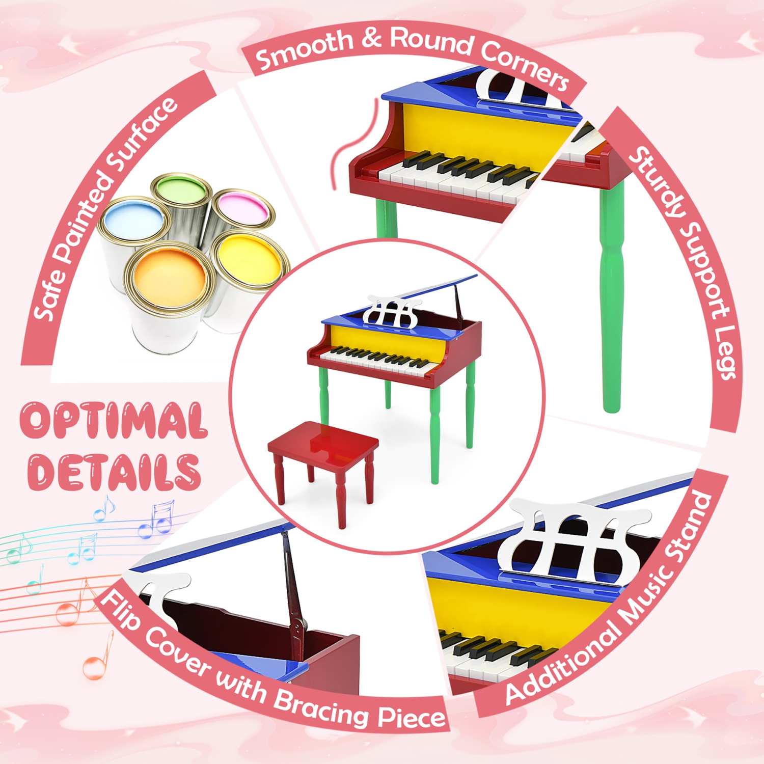 Gymax 30-Key Classic Baby Grand Piano Toddler Toy Wood w/ Bench & Music Rack Colorful