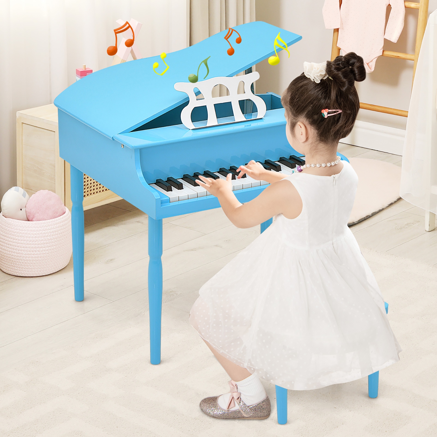 Gymax 30-Key Classic Baby Grand Piano Toddler Toy Wood w/ Bench & Music Rack Blue