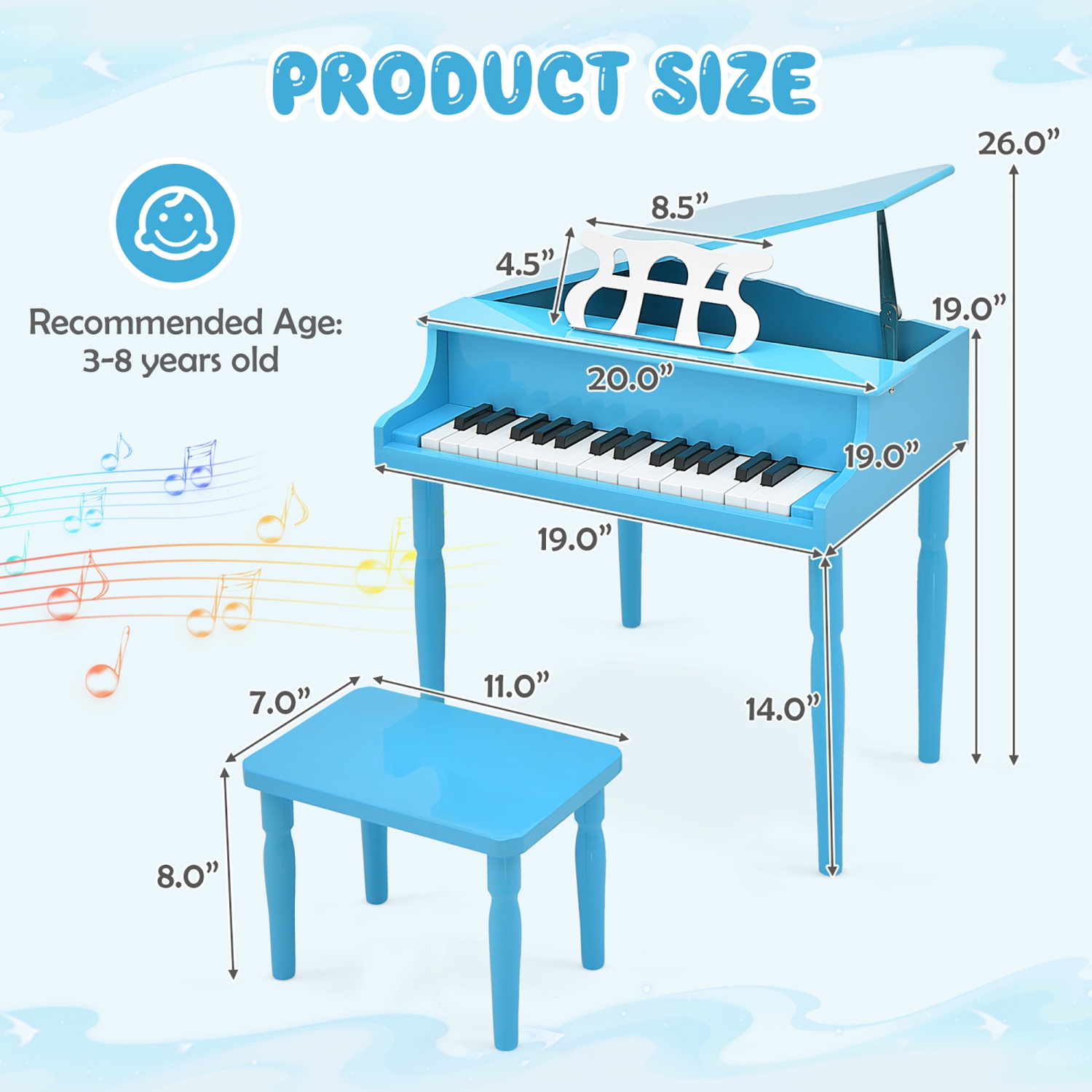 Gymax 30-Key Classic Baby Grand Piano Toddler Toy Wood w/ Bench & Music Rack Blue