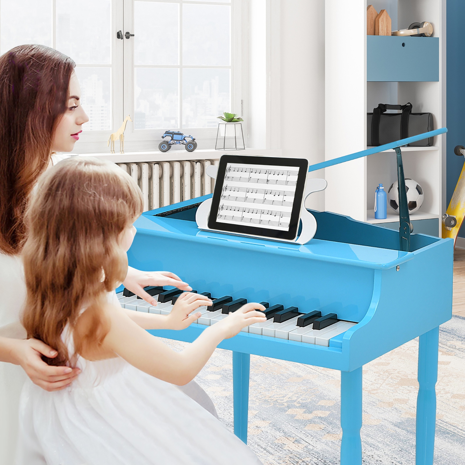 Gymax 30-Key Classic Baby Grand Piano Toddler Toy Wood w/ Bench & Music Rack Blue