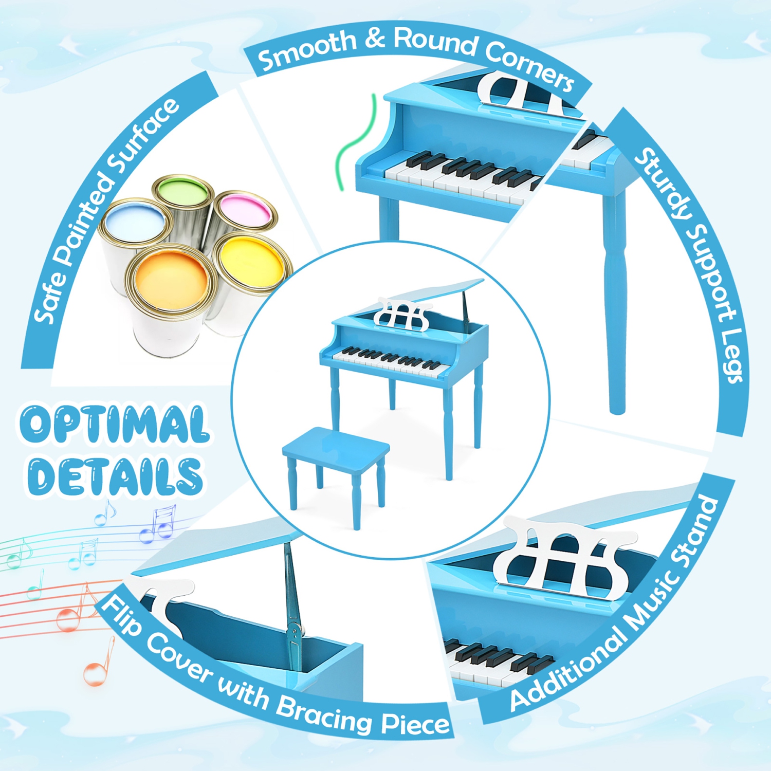 Gymax 30-Key Classic Baby Grand Piano Toddler Toy Wood w/ Bench & Music Rack Blue