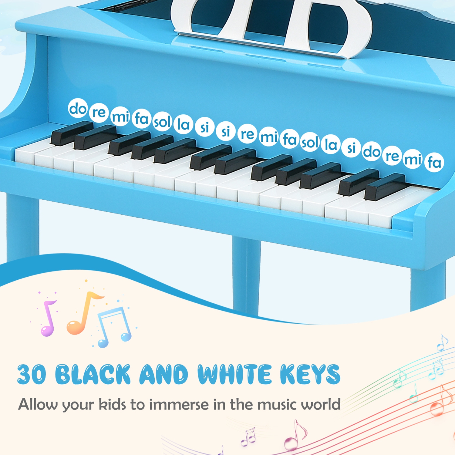 Gymax 30-Key Classic Baby Grand Piano Toddler Toy Wood w/ Bench & Music Rack Blue