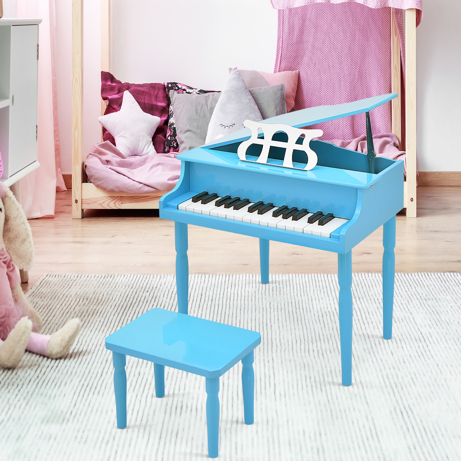 Gymax 30-Key Classic Baby Grand Piano Toddler Toy Wood w/ Bench & Music Rack Blue