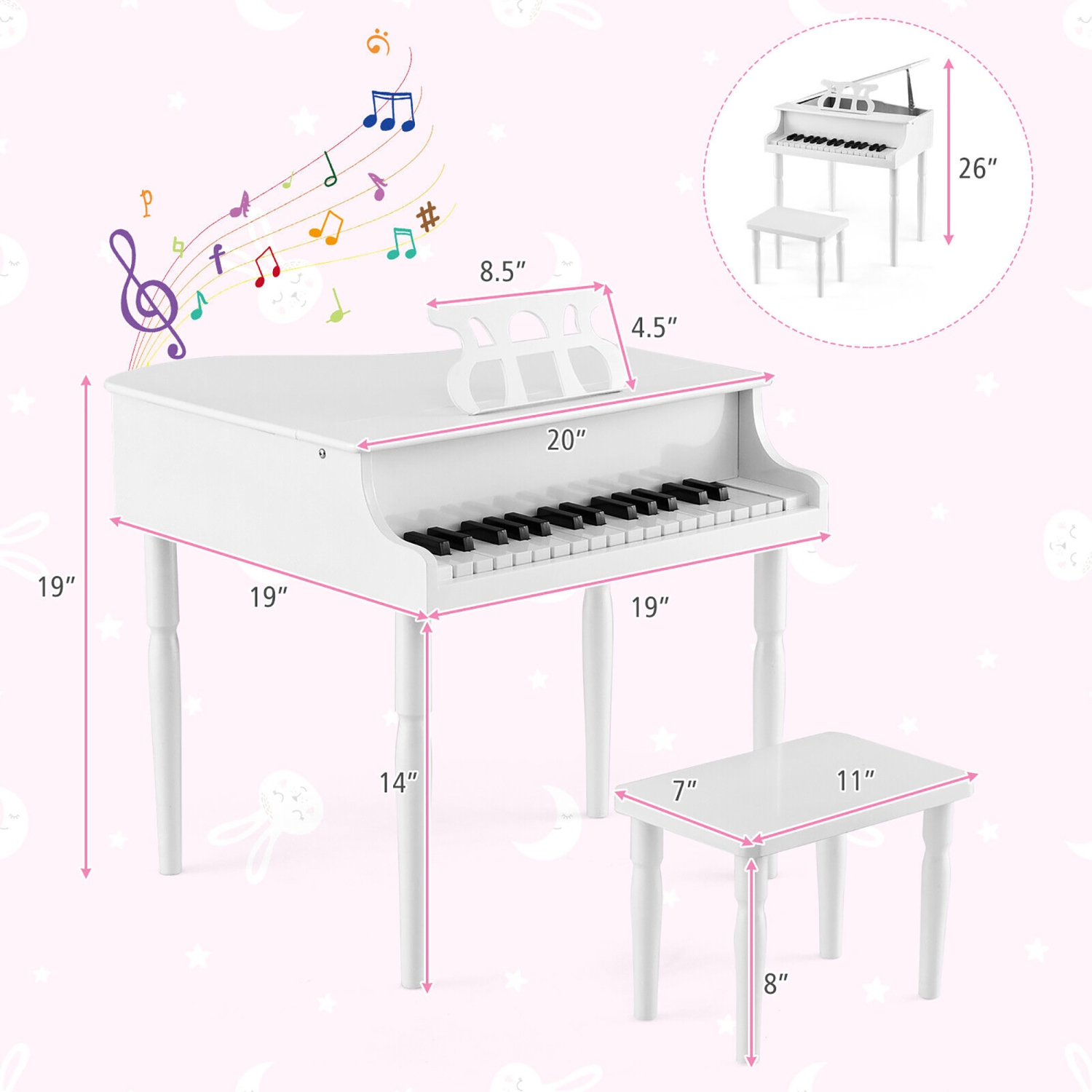 Gymax 30-Key Classic Baby Grand Piano Toddler Toy Wood w/ Bench & Music Rack White