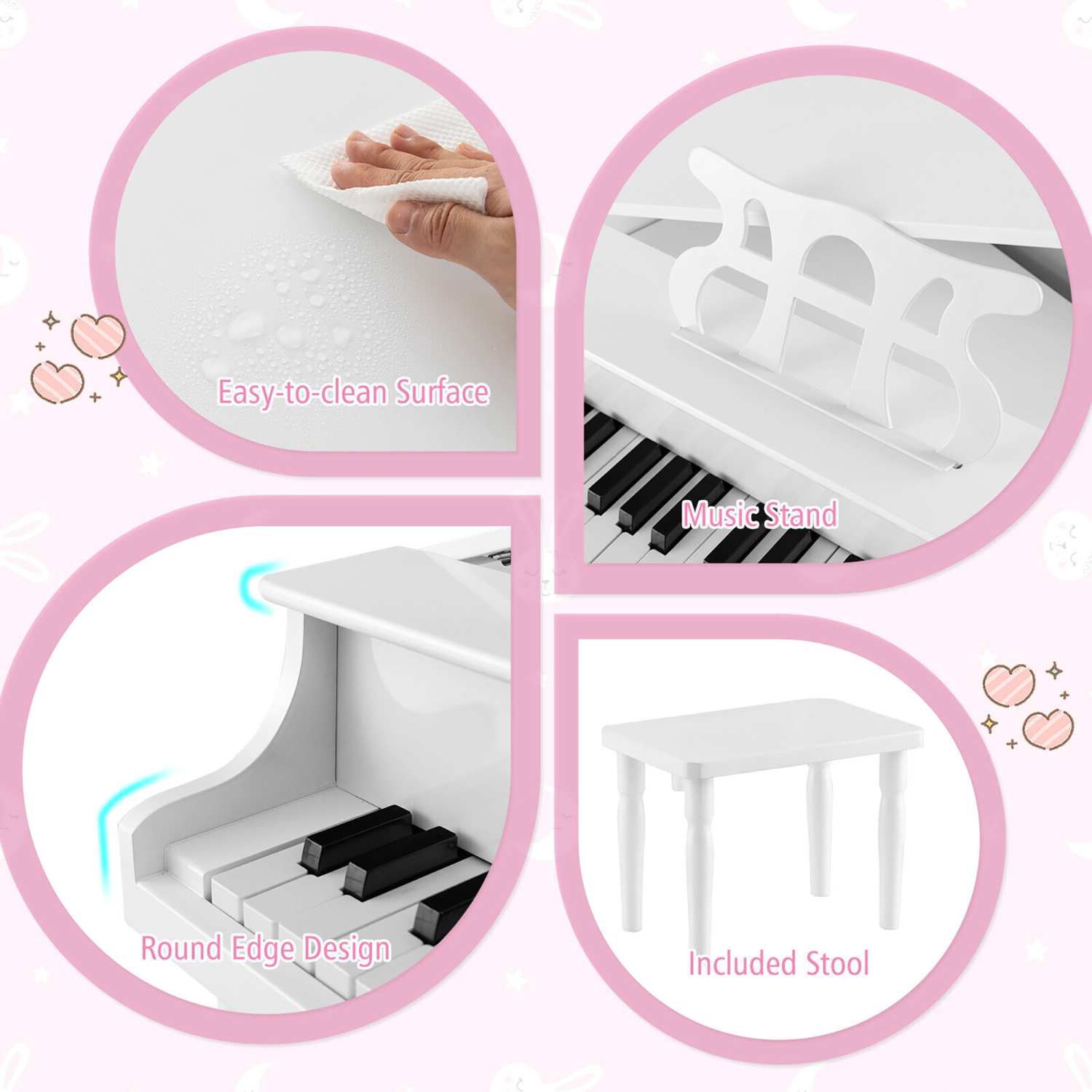 Gymax 30-Key Classic Baby Grand Piano Toddler Toy Wood w/ Bench & Music Rack White
