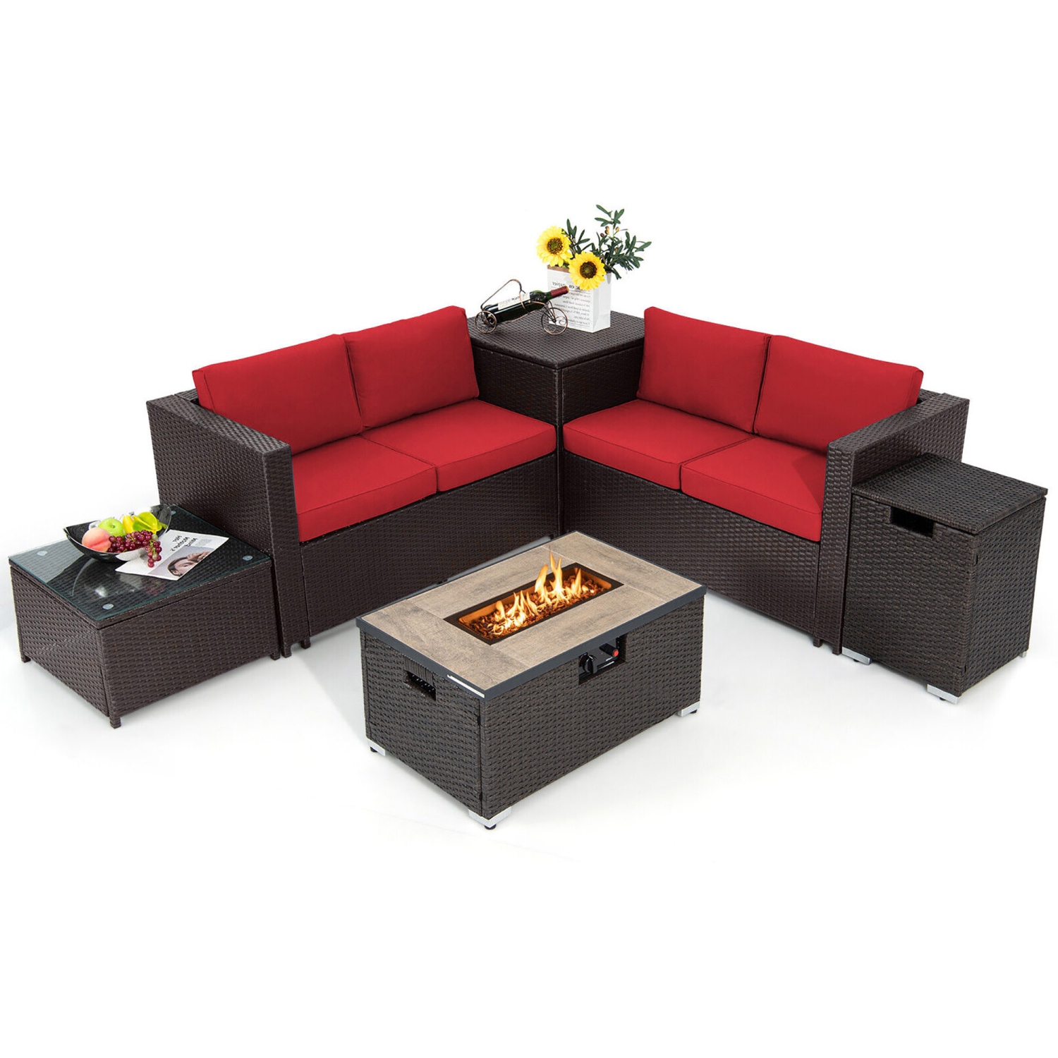 Gymax 6 Piece Patio Sofa & Fire Table Set Outdoor Rattan Sectional Sofa Set w/ Storage Box Red