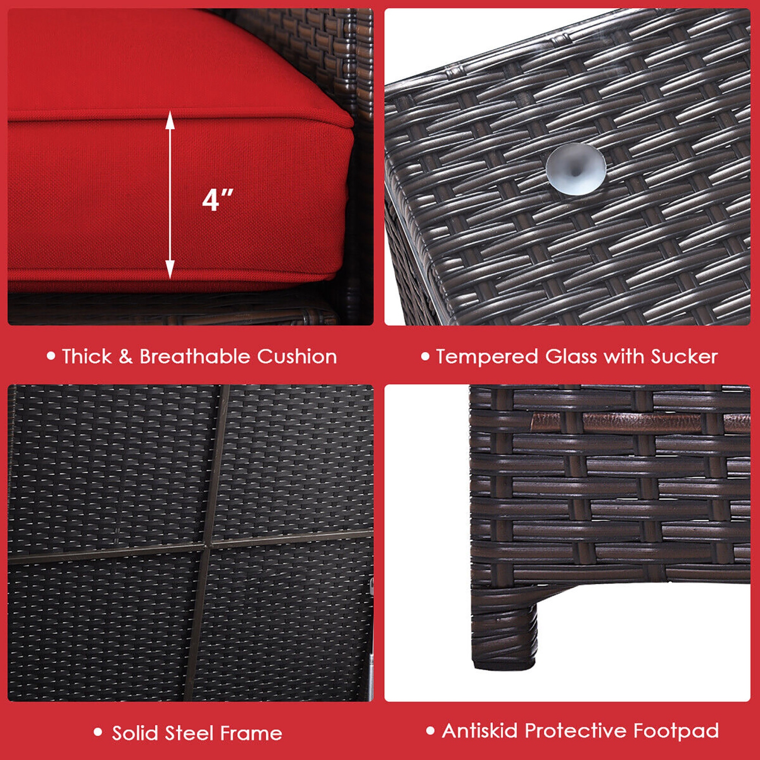 Gymax 6 Piece Patio Sofa & Fire Table Set Outdoor Rattan Sectional Sofa Set w/ Storage Box Red