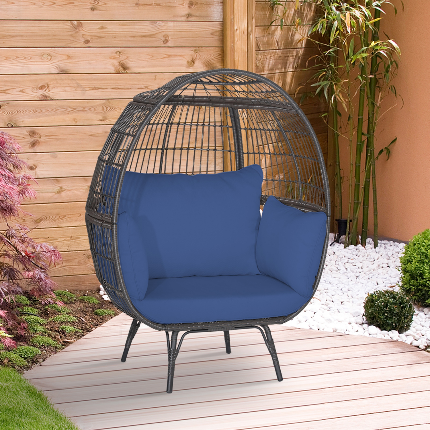 Gymax Patio Rattan Wicker Lounge Chair Oversized Outdoor Metal Frame Egg Chair w/ 4 Cushions Navy