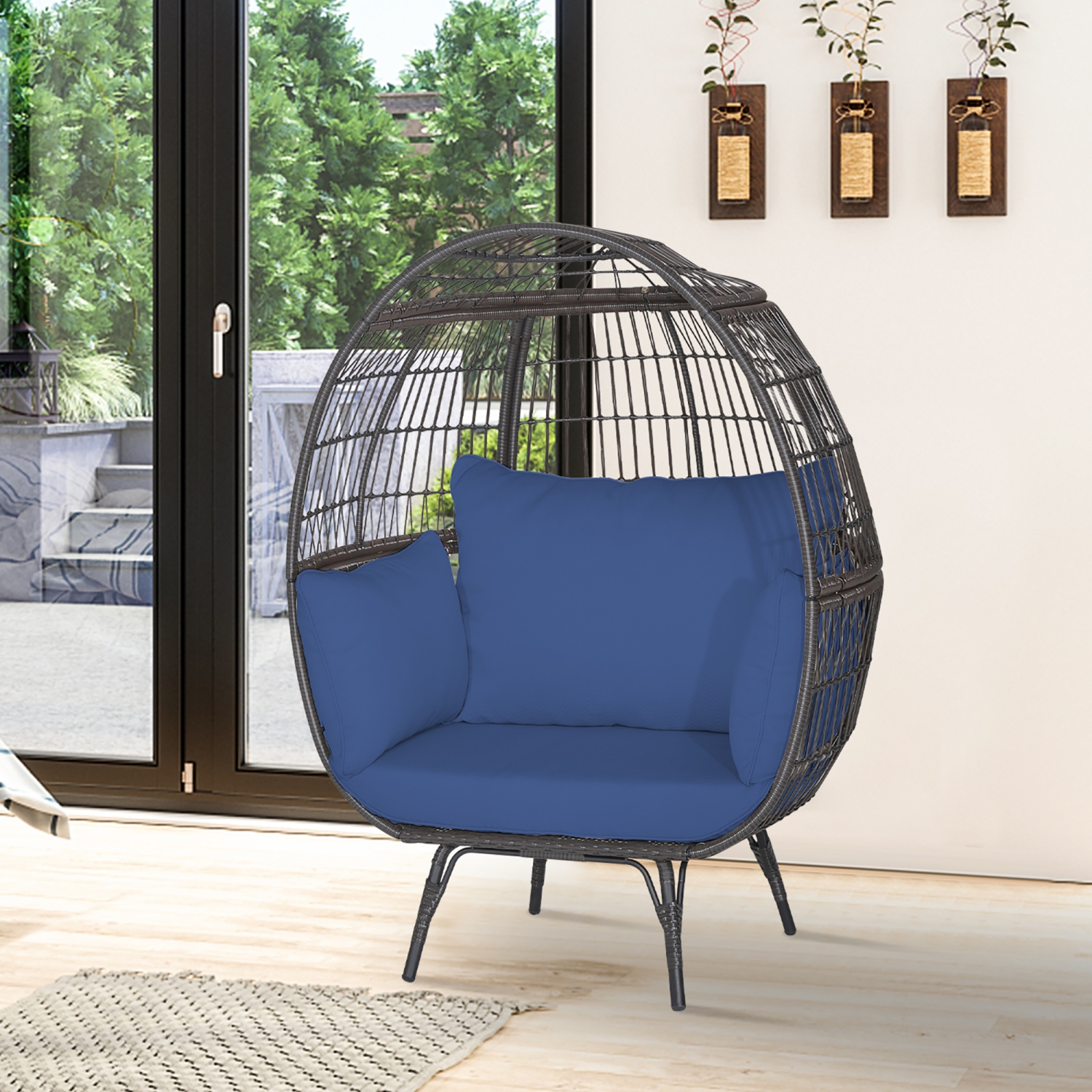 Gymax Patio Rattan Wicker Lounge Chair Oversized Outdoor Metal Frame Egg Chair w/ 4 Cushions Navy