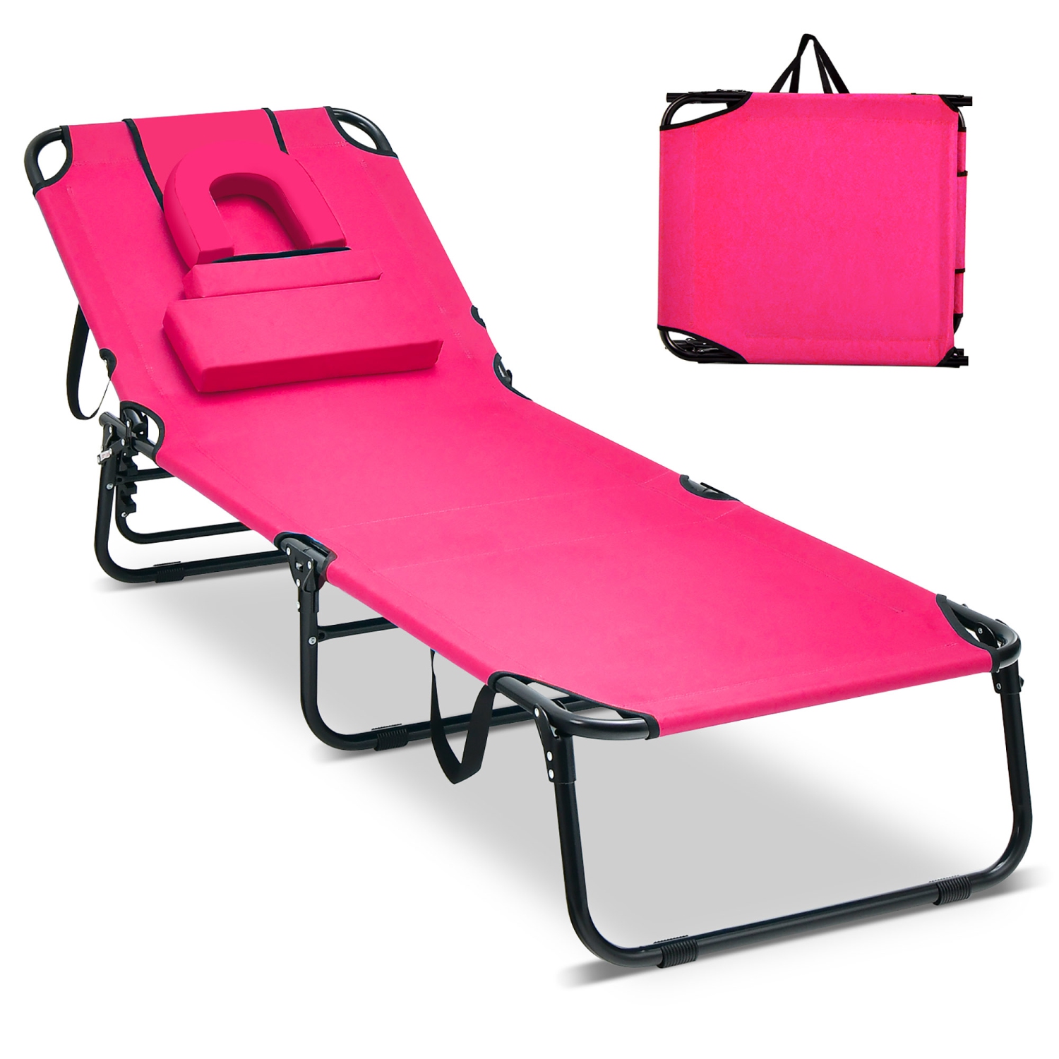 Gymax 5-Position Lounge Chair Adjustable Beach Chaise w/ Face Cavity & Pillows