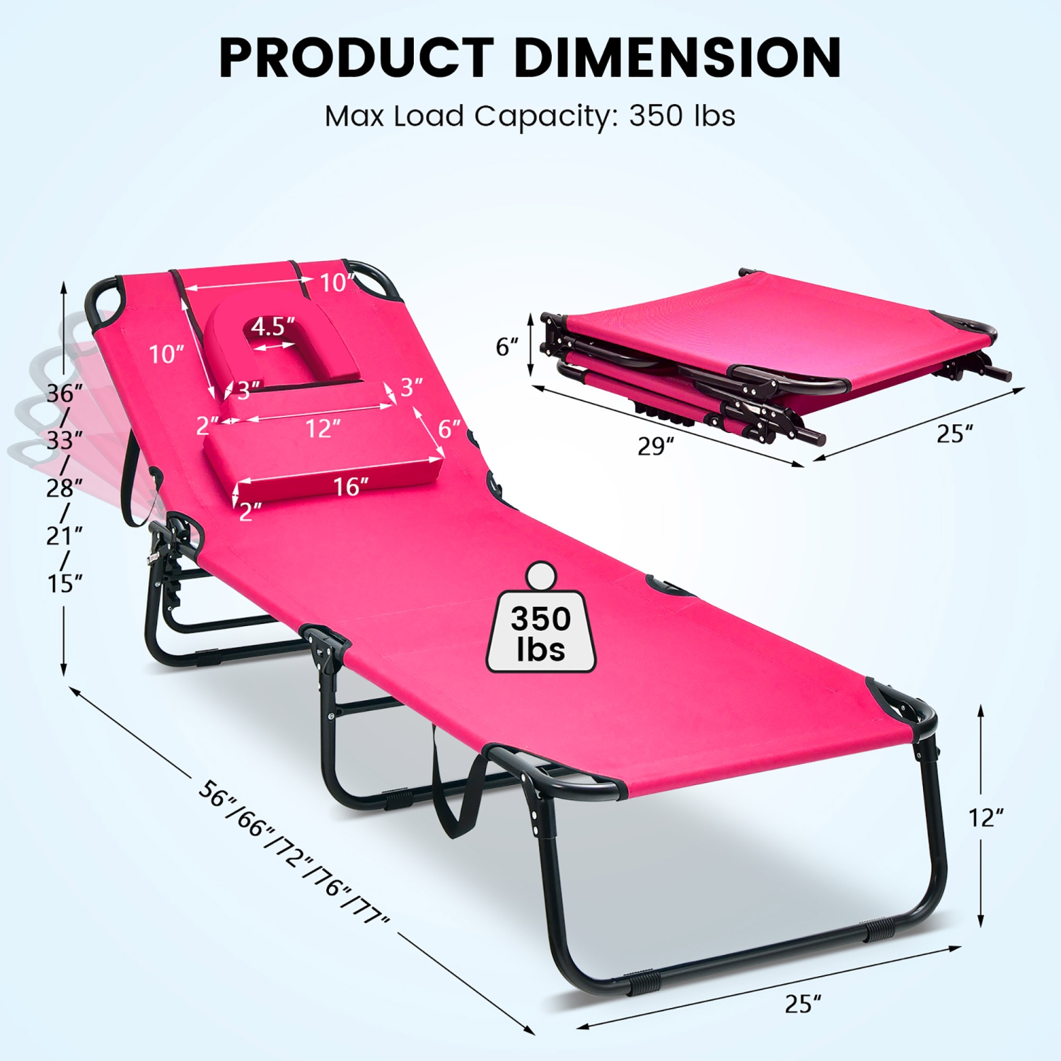 Gymax 5-Position Lounge Chair Adjustable Beach Chaise w/ Face Cavity & Pillows