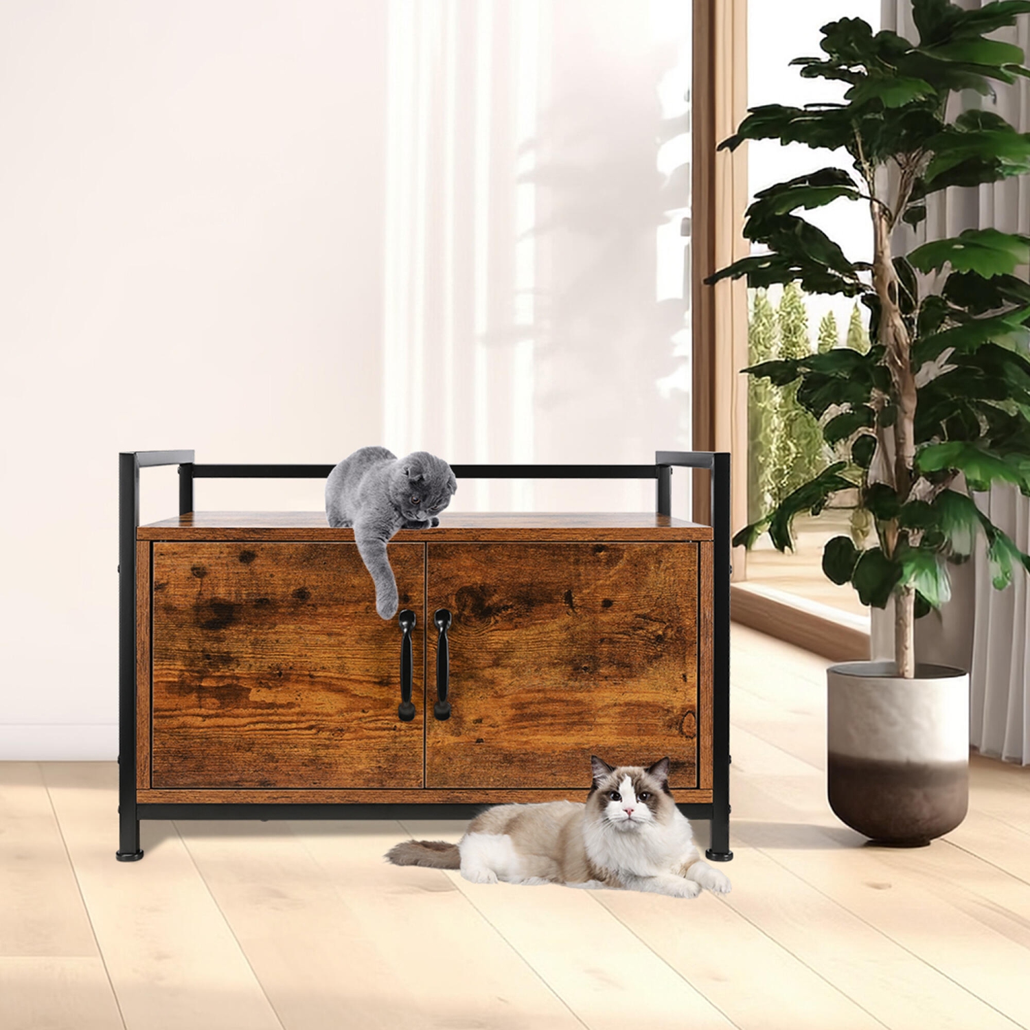 Coffret en bois pour litière pour chats avec fenêtre latérale，Meubles de toilettes pour chats d'intérieur dissimulés avec porte à persienne