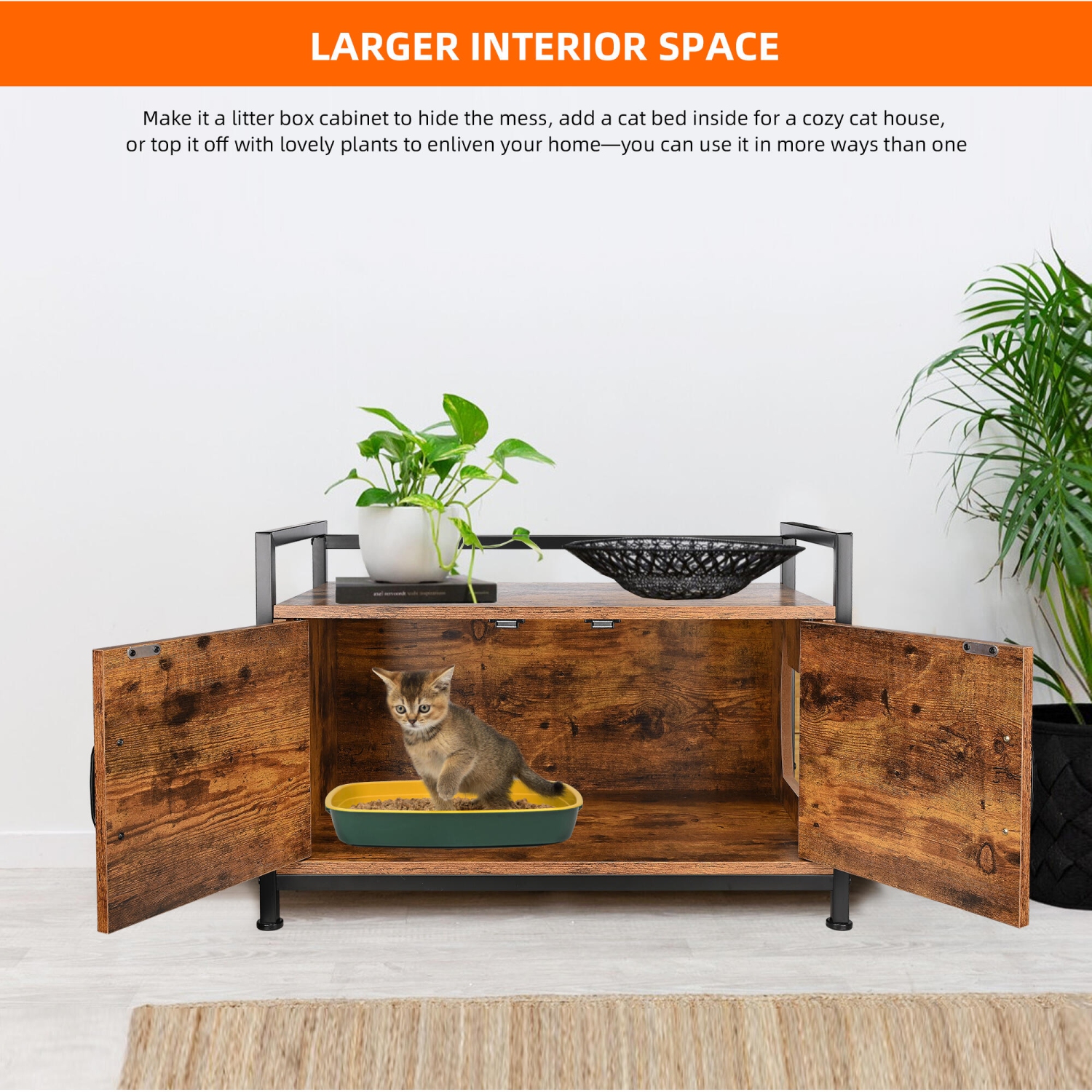 Coffret en bois pour litière pour chats avec fenêtre latérale，Meubles de toilettes pour chats d'intérieur dissimulés avec porte à persienne