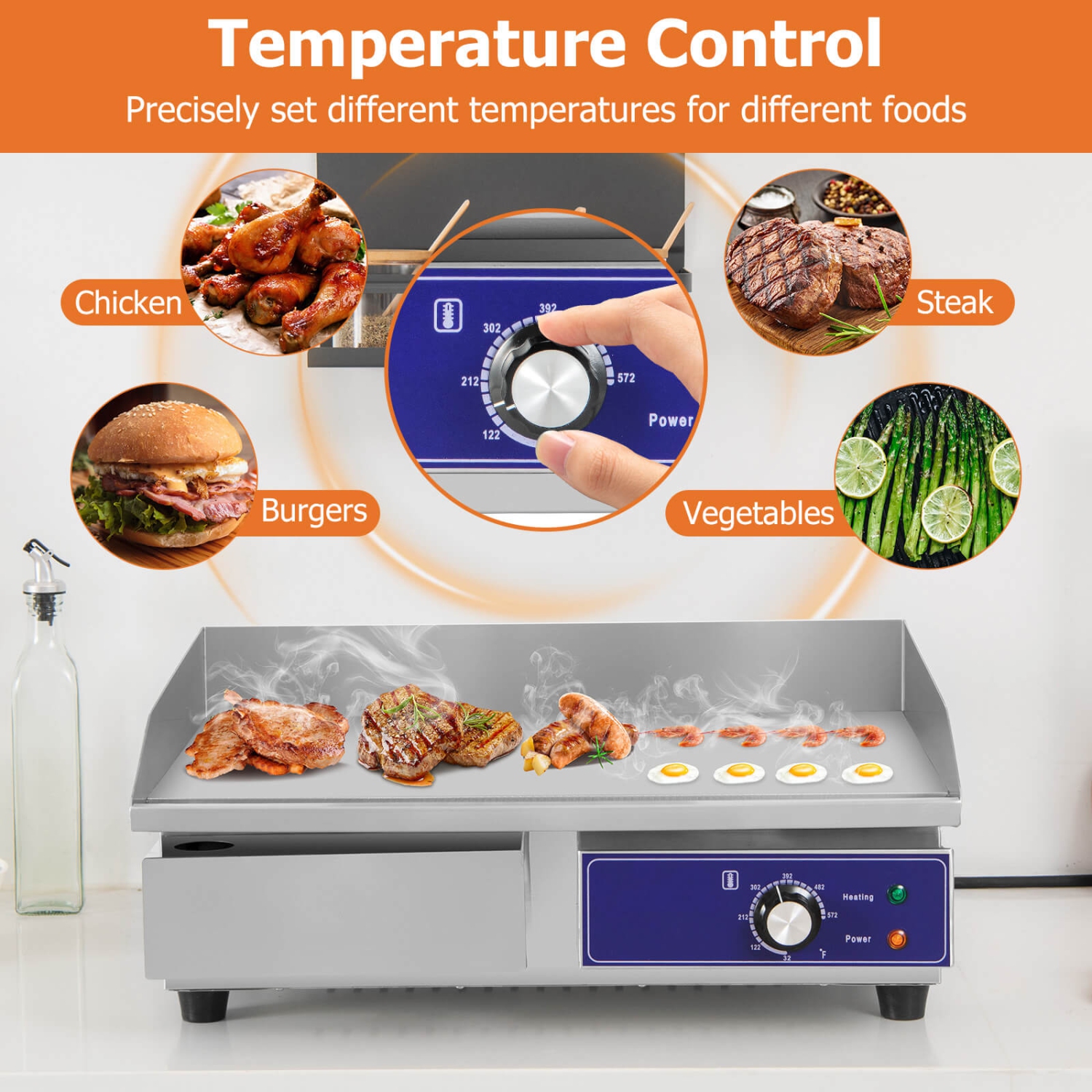 Costway 22" Commercial Electric Griddle 110V 2000W Flat Top Countertop Grill 122℉-572℉