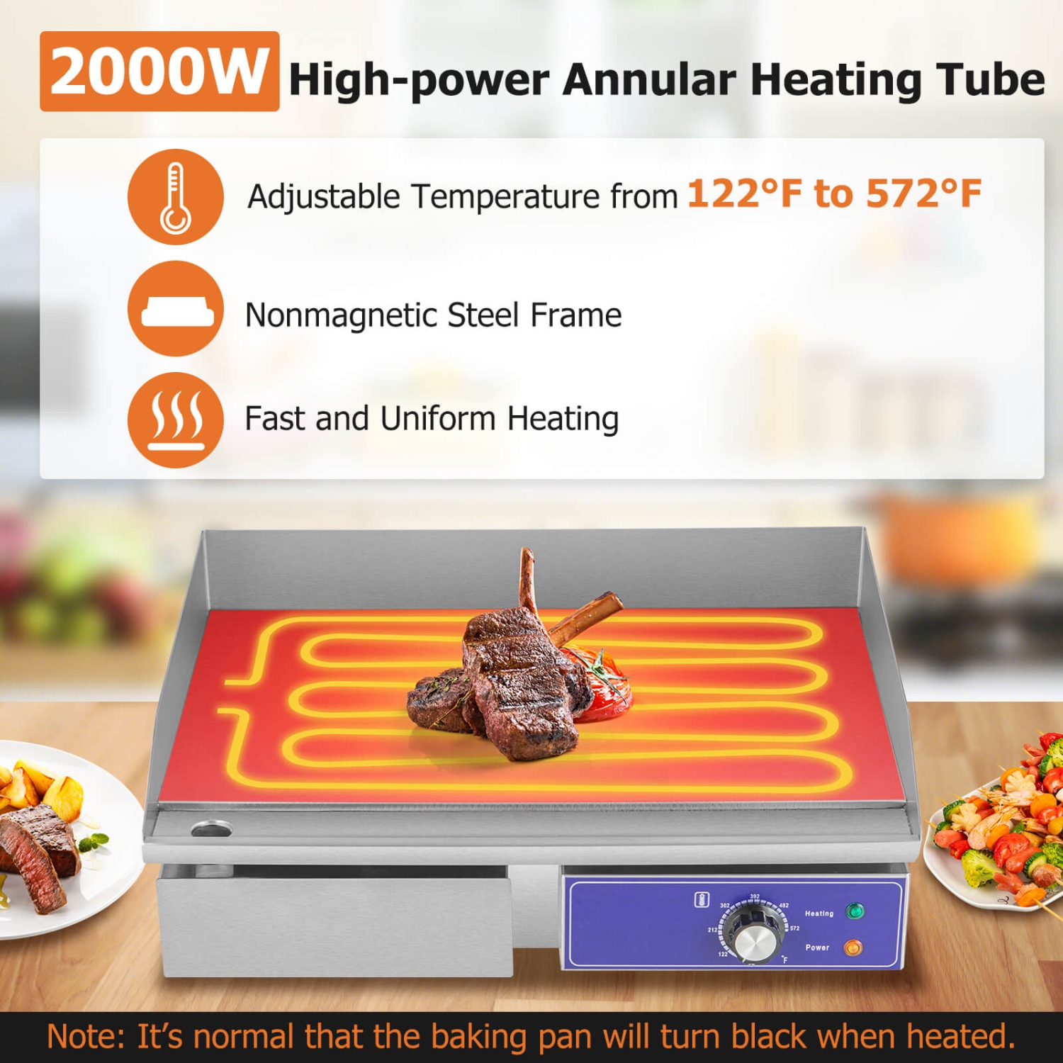 Costway 22" Commercial Electric Griddle 110V 2000W Flat Top Countertop Grill 122℉-572℉
